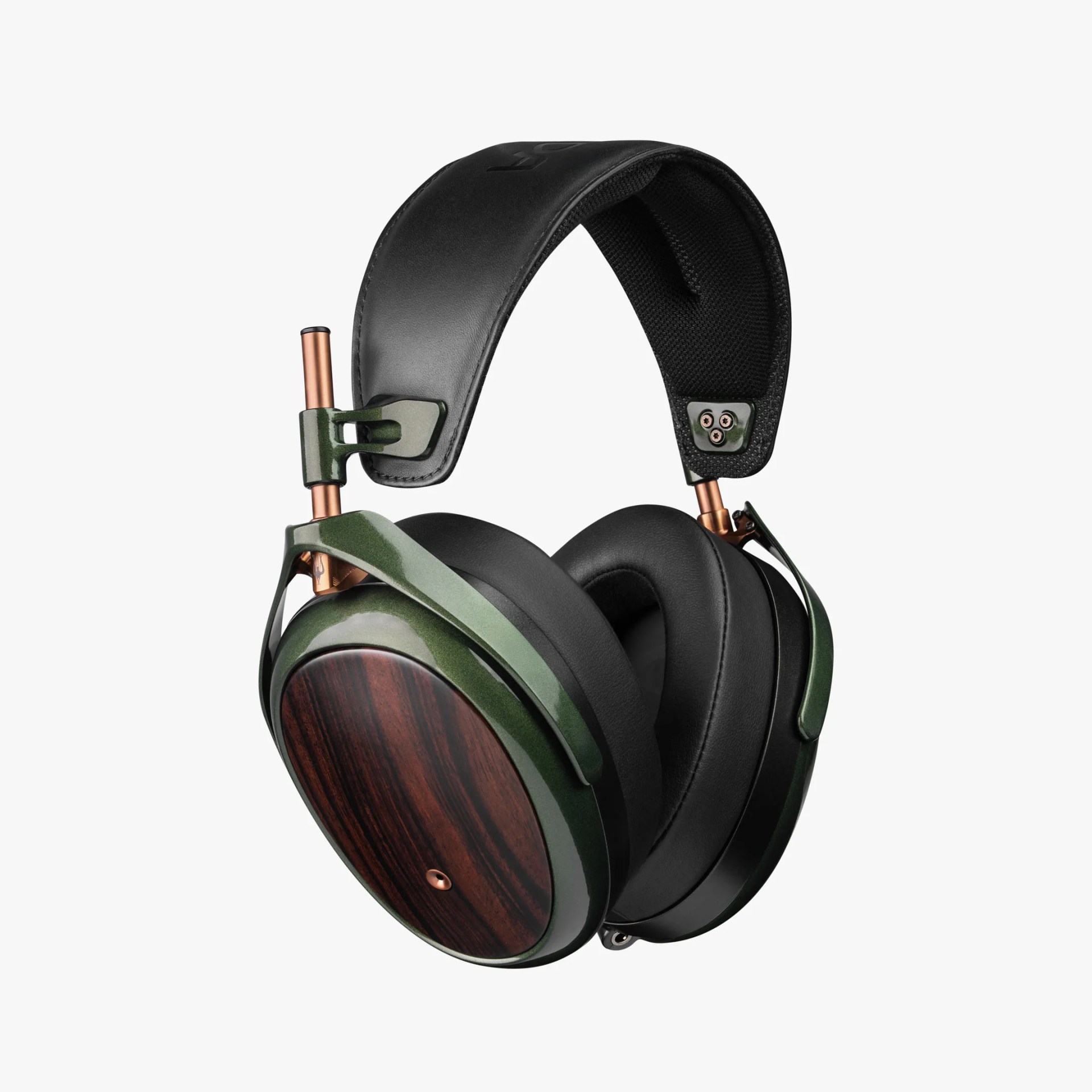 Over-ear headphones with dark green metal frame, black leather ear cushions, and wooden ear cups.