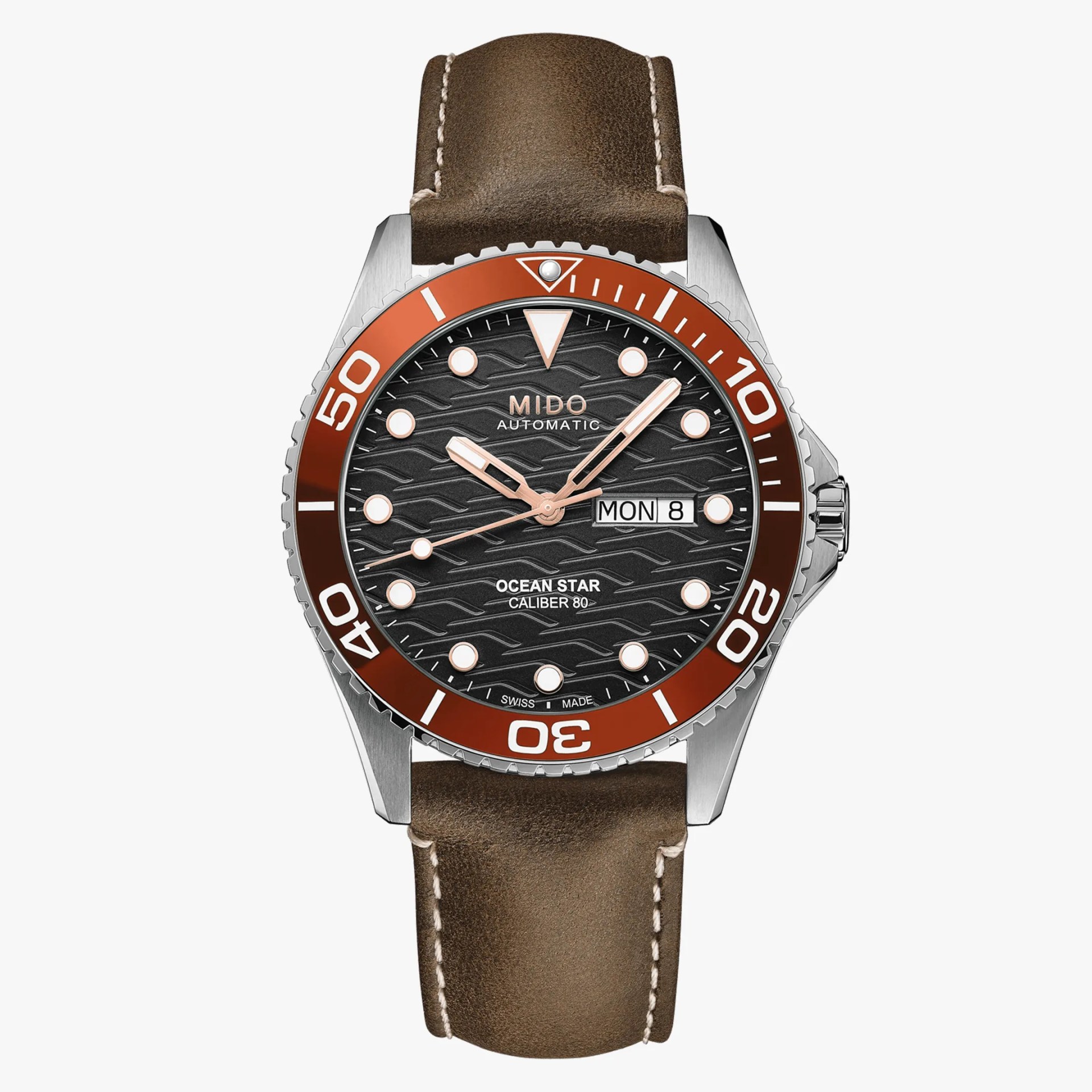 Silver Mido Ocean Star watch with black textured dial, red bezel, and brown leather strap.