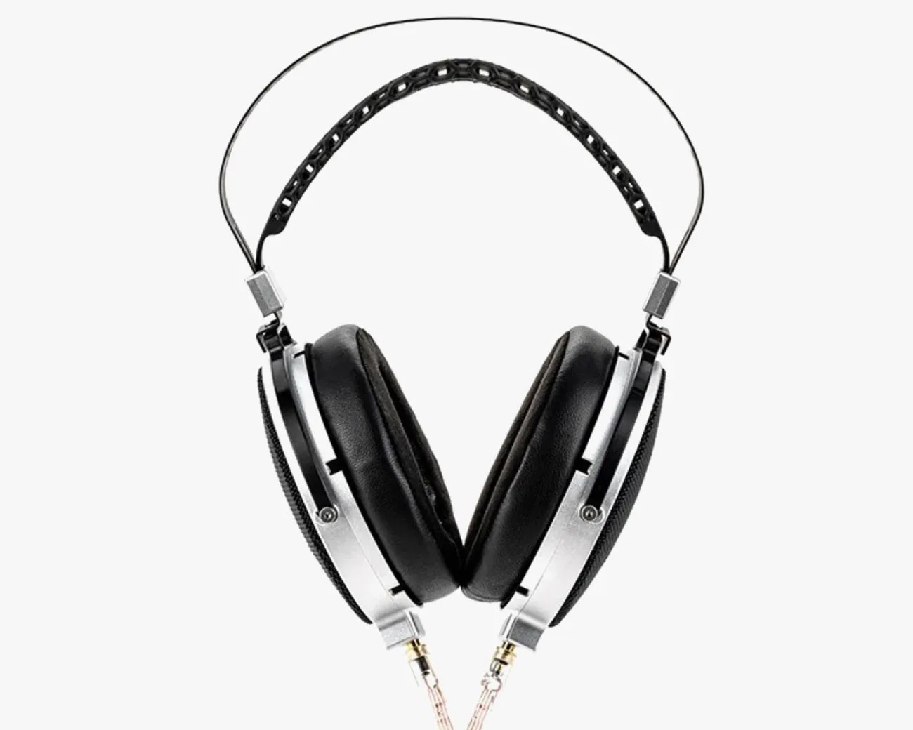 Over-ear headphones with black cushioned ear pads, silver metal frame, and a black adjustable headband.