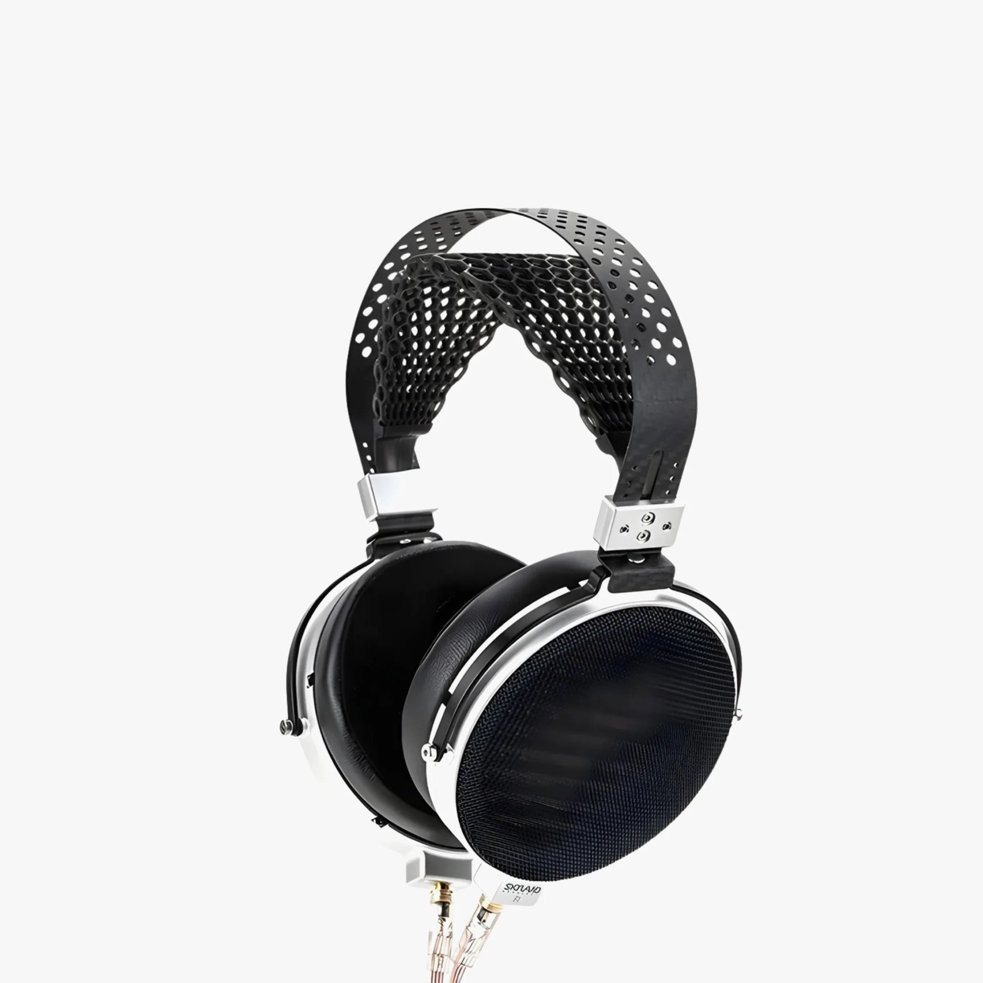 Black and silver over-ear headphones with perforated headband and mesh ear cups.