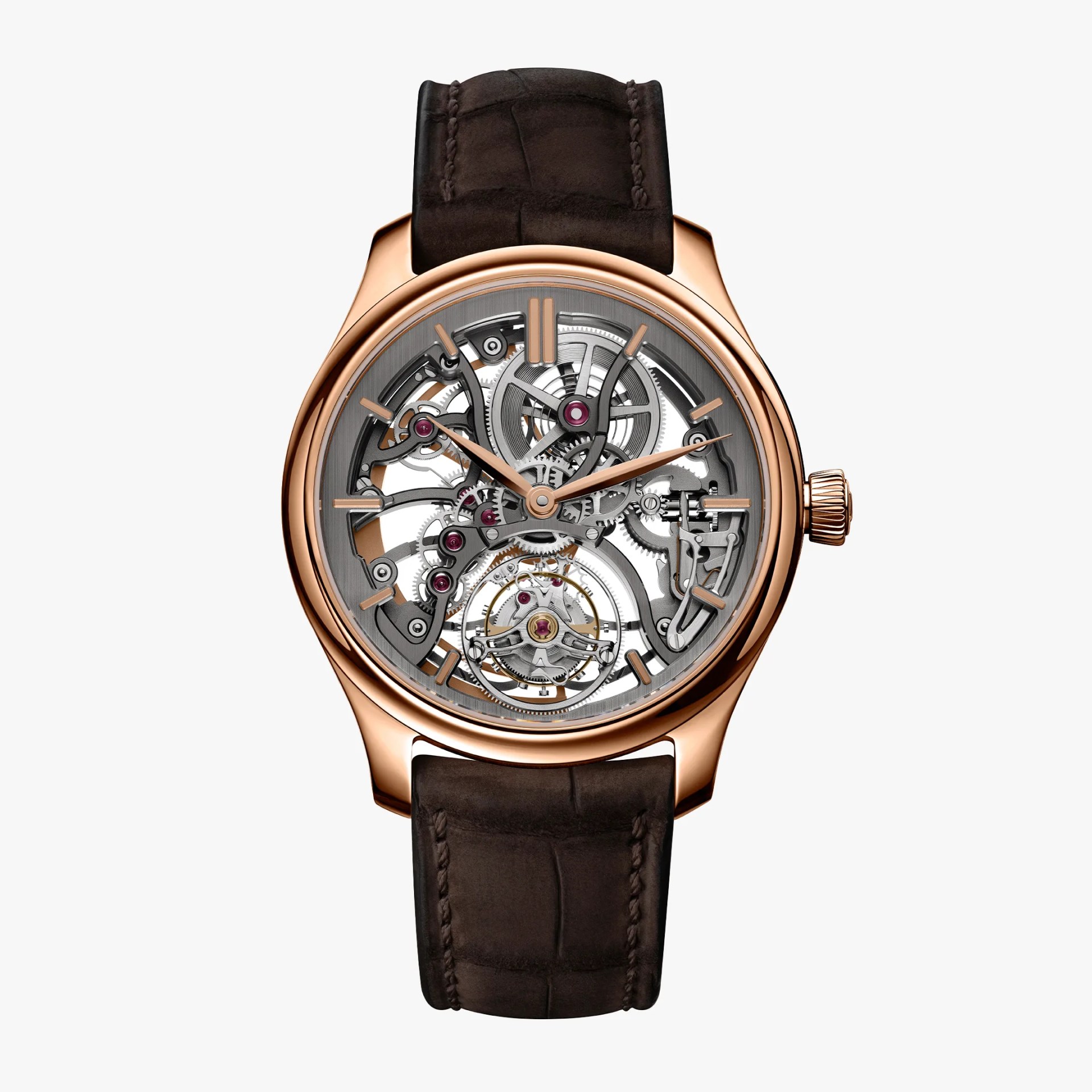Rose gold wristwatch with a skeleton dial showing intricate mechanical gears and a dark brown leather strap.