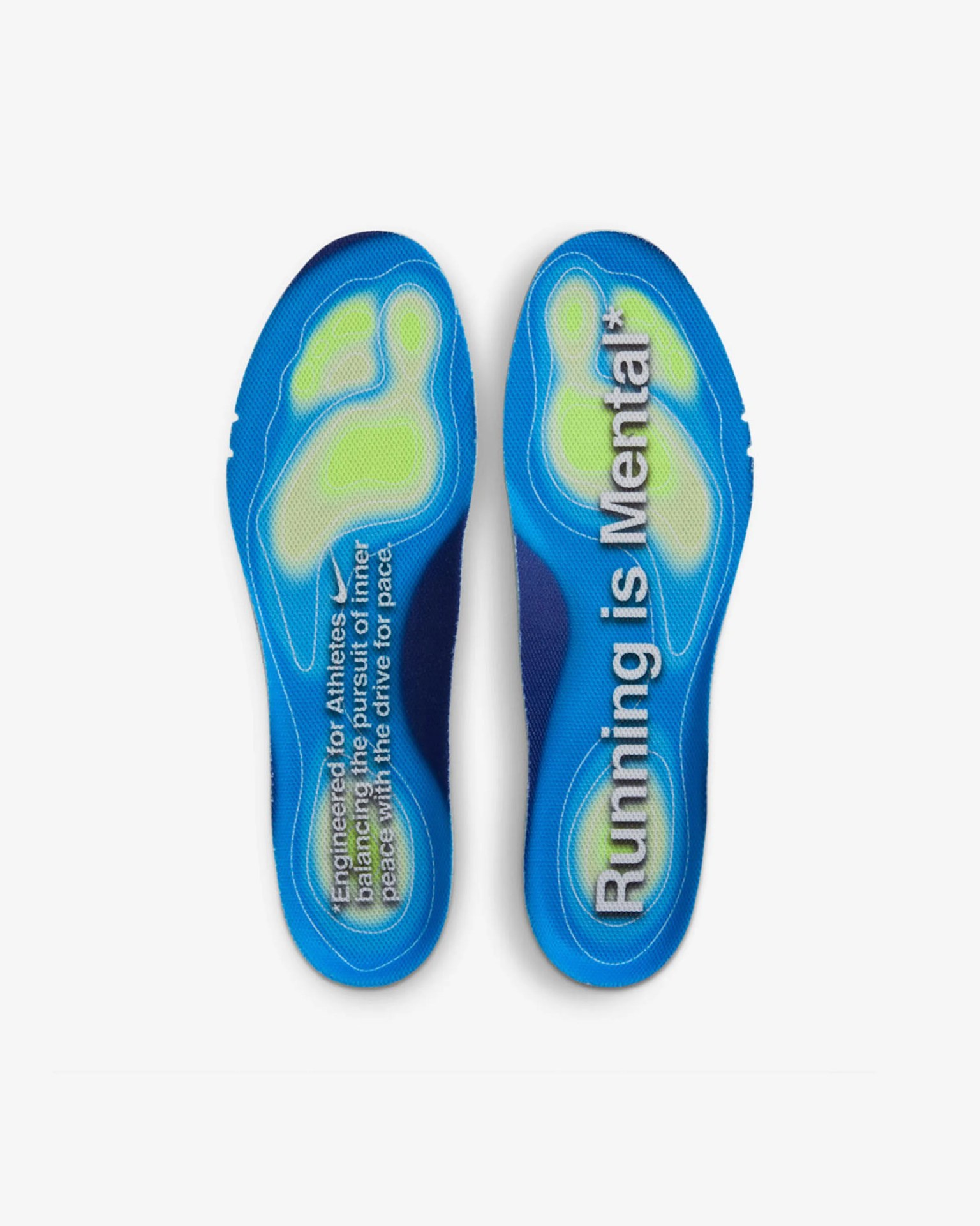 Pair of blue Nike insoles with green pressure zones and text "Running is Mental*" and "Engineered for Athletes..." on a white background.