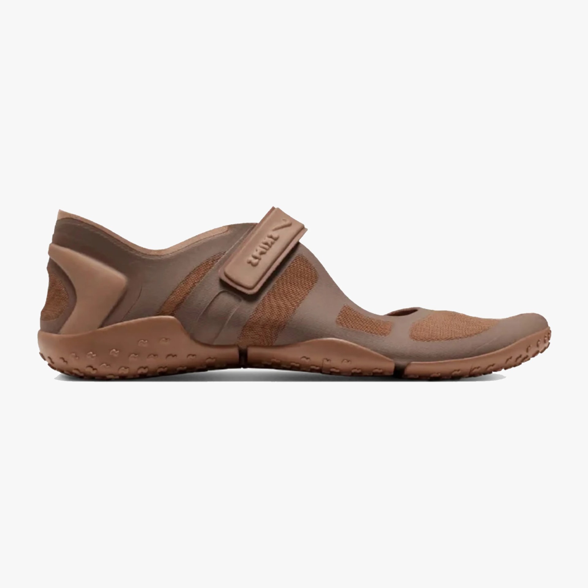 Brown minimalist barefoot shoe with textured sole and adjustable strap across the top.