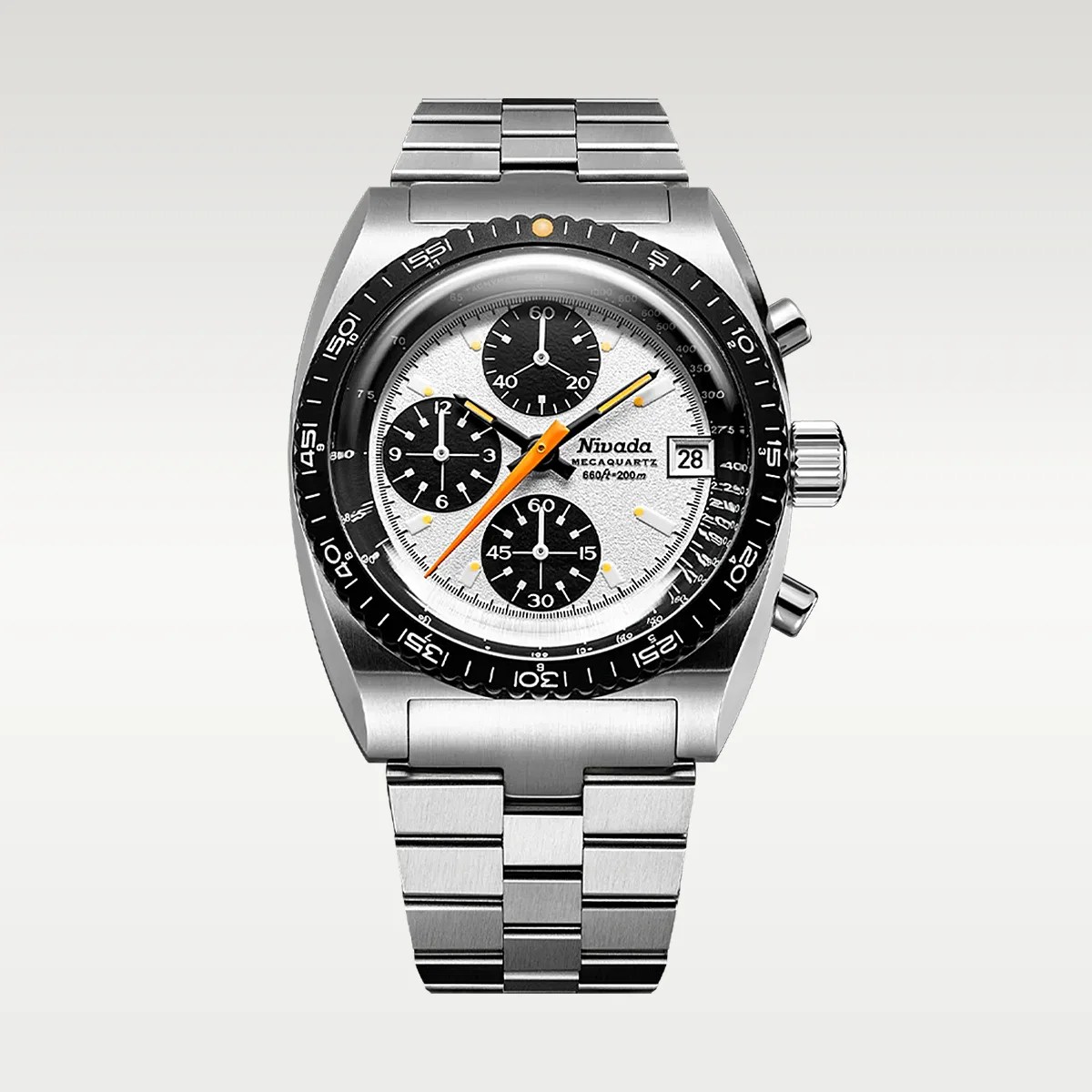 Silver stainless steel Nivada wristwatch with white textured dial, black subdials, orange and yellow hands, and black bezel.