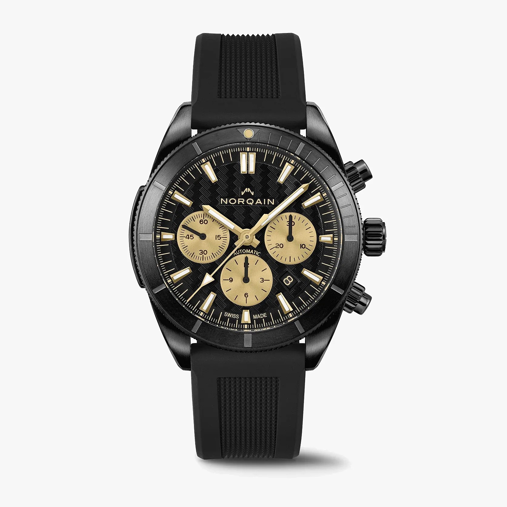 Black Norqain wristwatch with textured black dial, three gold subdials, and black rubber strap.