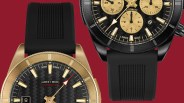 Two wristwatches with black textured dials and black rubber straps, one with a gold case and the other with a black case.