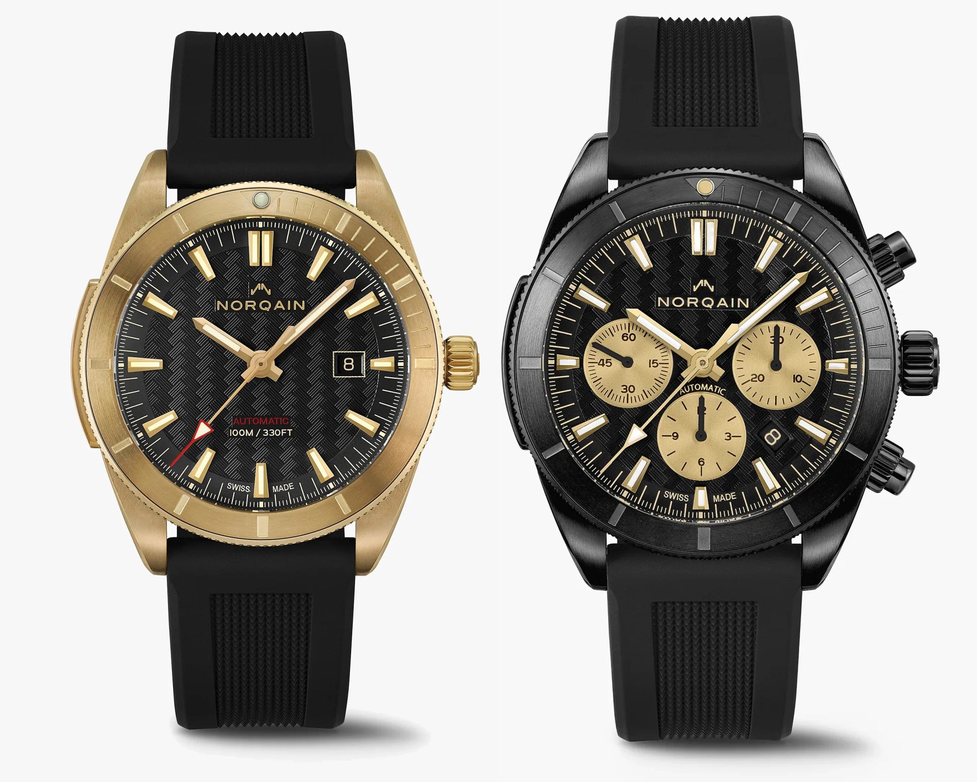Two Norqain wristwatches with black textured dials and black rubber straps, one with a gold case and simple dial, the other with a black case and three gold chronograph subdials.