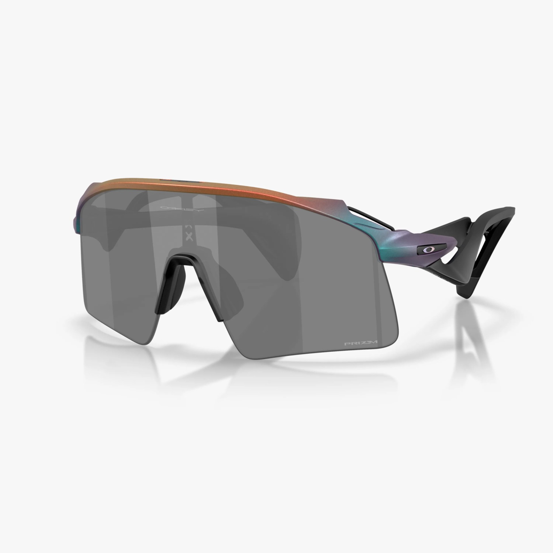Sporty wraparound sunglasses with a single dark gray lens and iridescent frame fading from orange to blue.