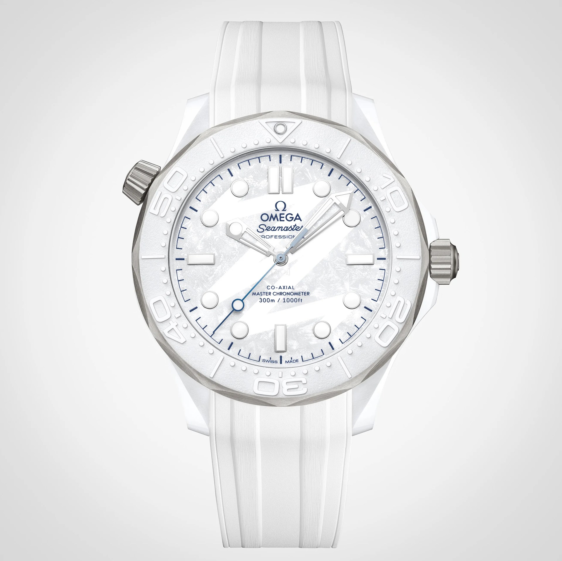 White Omega Seamaster dive watch with textured dial, silver bezel, and white rubber strap.