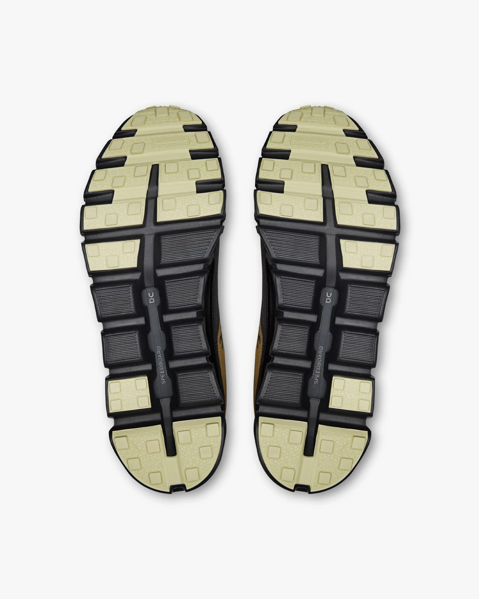 Pair of black and beige running shoe soles with segmented tread and "Speedboard" text visible.
