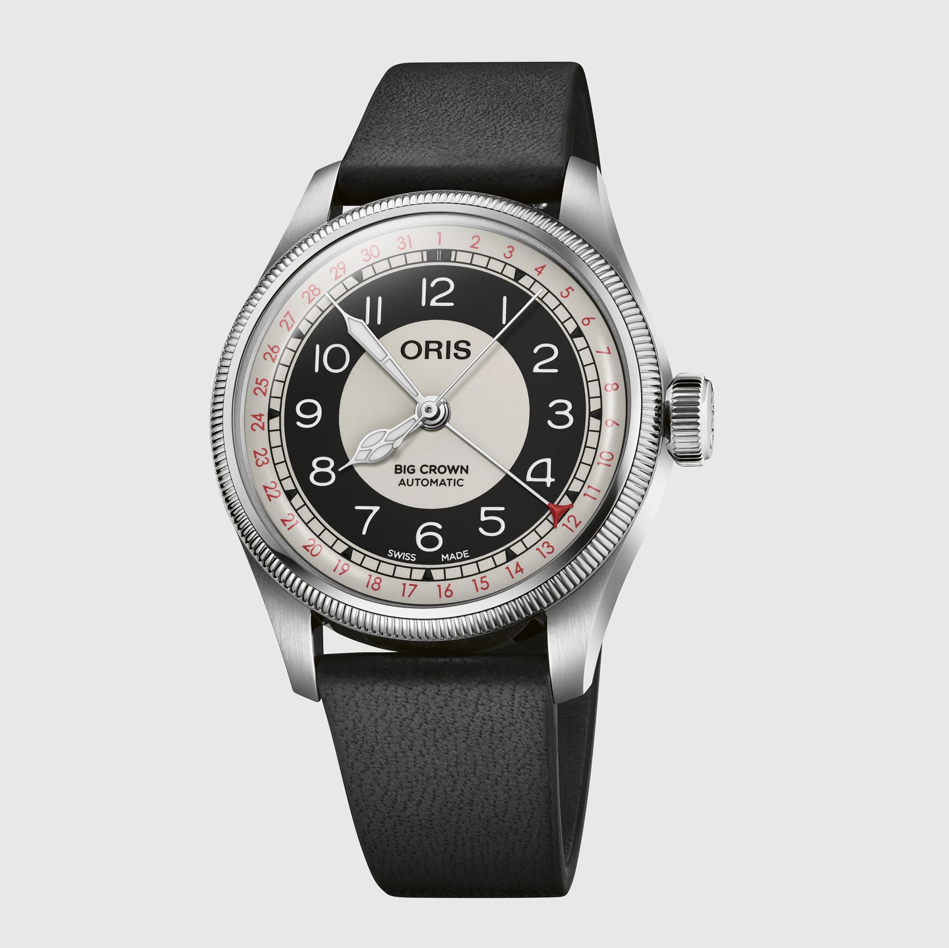 Round silver Oris Big Crown Automatic watch with black and cream dial, red date pointer, and black leather strap.