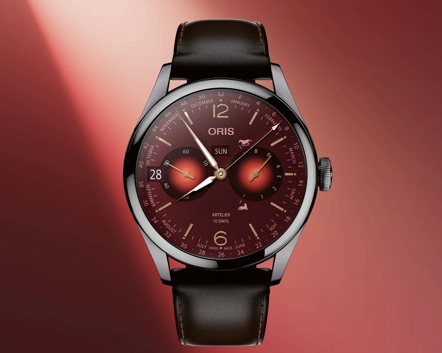 Oris Artelier watch with a red dial, black leather strap, and multiple subdials