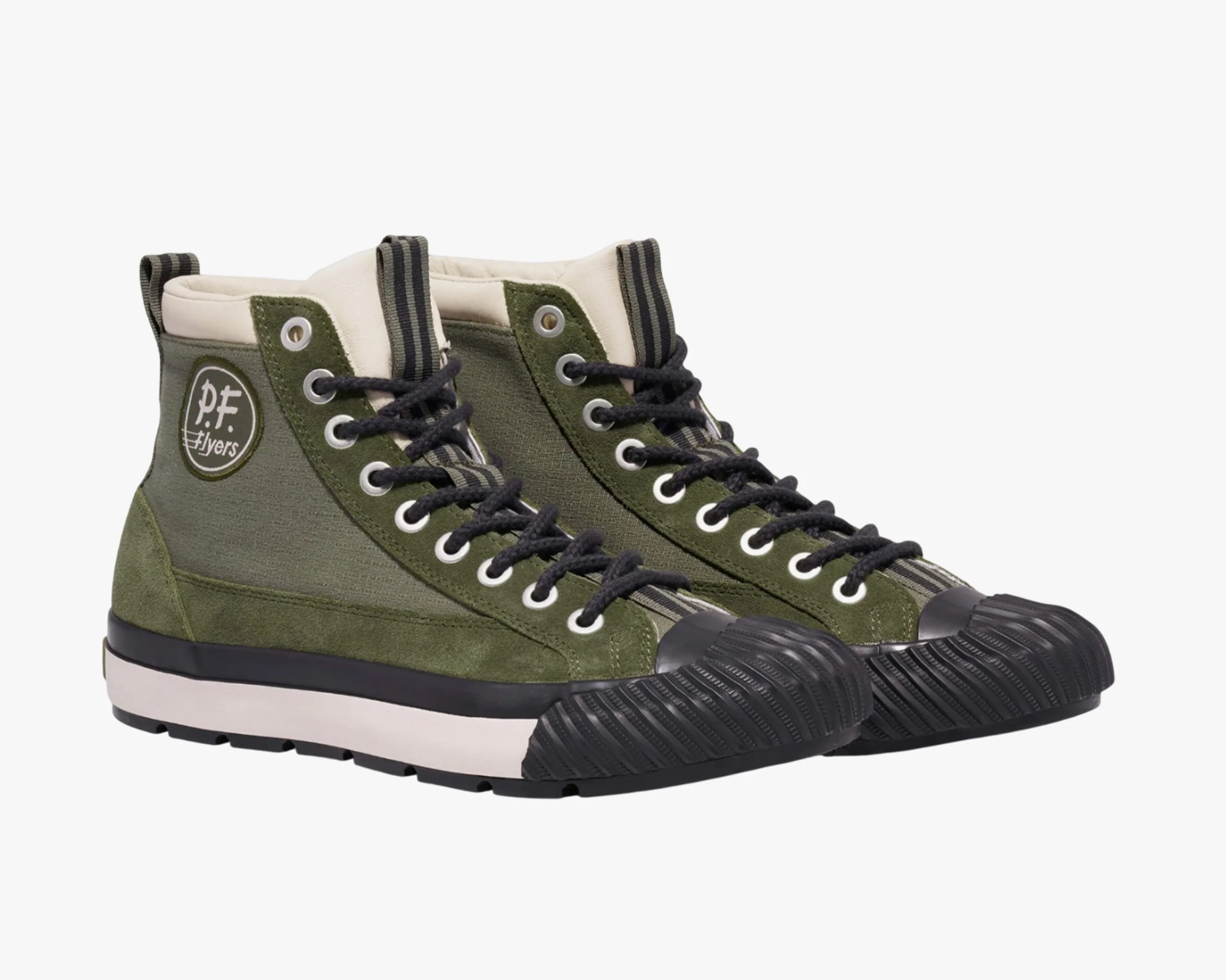 Pair of olive green high-top sneakers with black rubber toe caps and white midsoles.