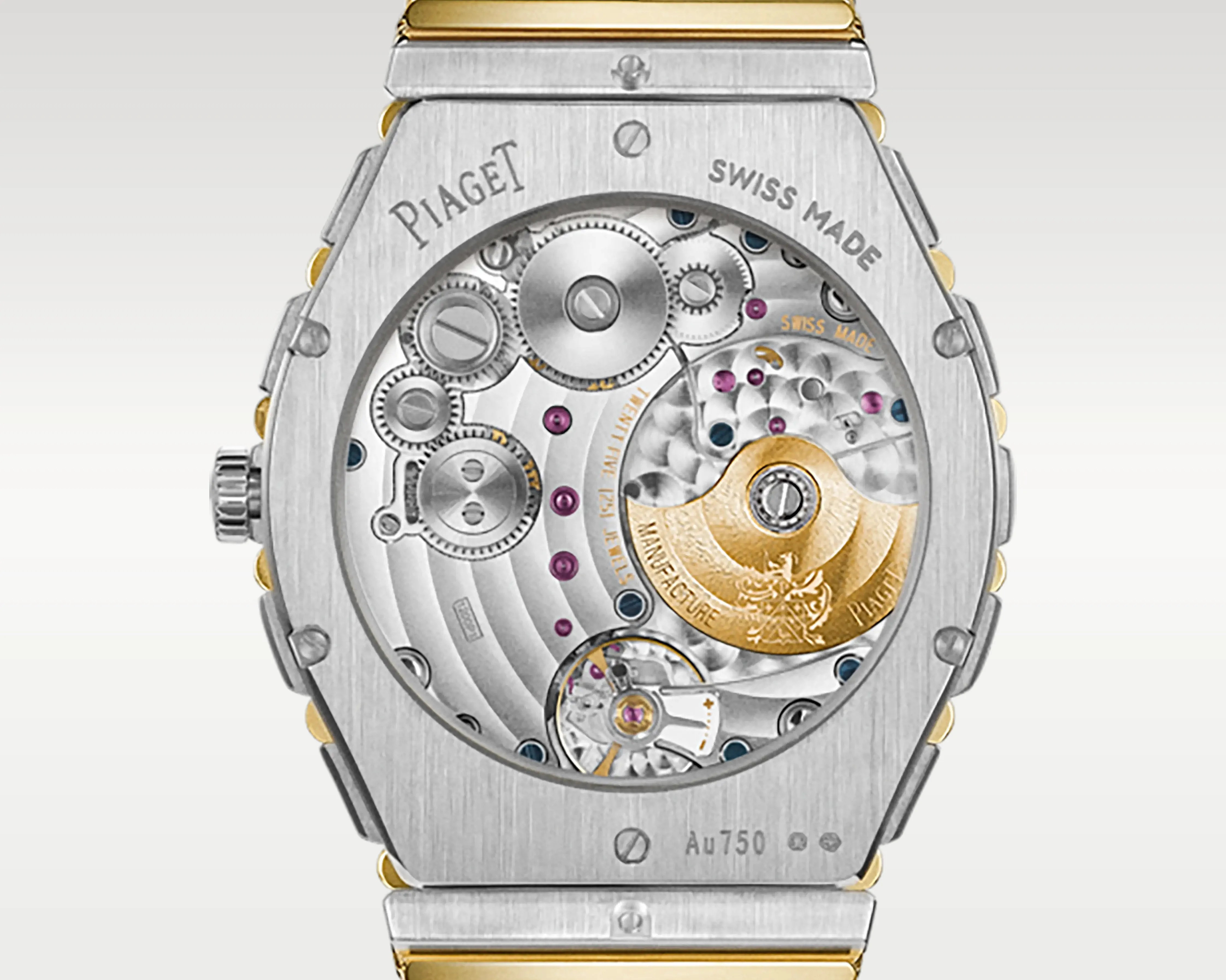 Back view of a Piaget Swiss-made watch showing intricate silver and gold mechanical movement with visible gears and screws.