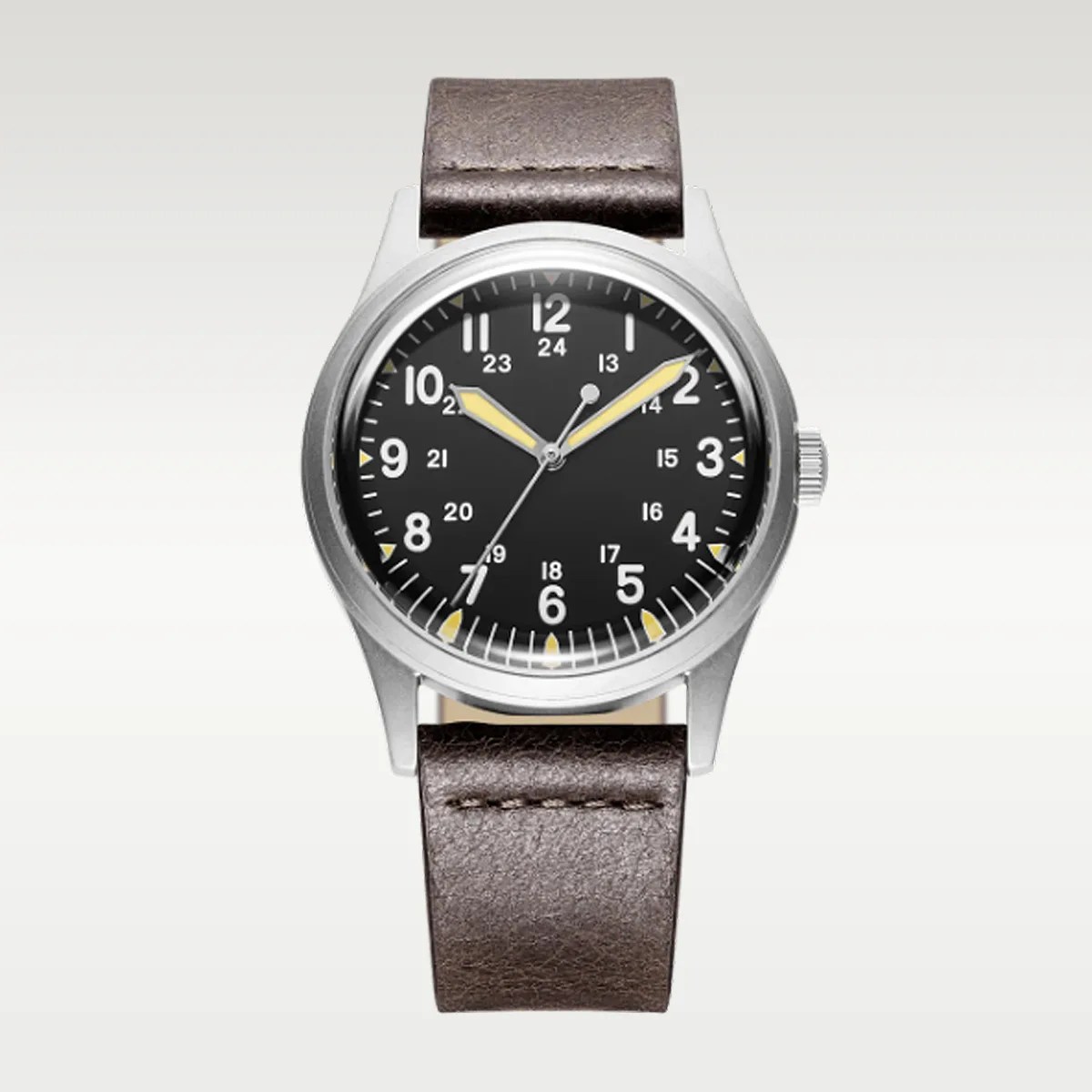 Silver wristwatch with black dial, yellow-tipped hands, white numerals, and dark brown leather strap.