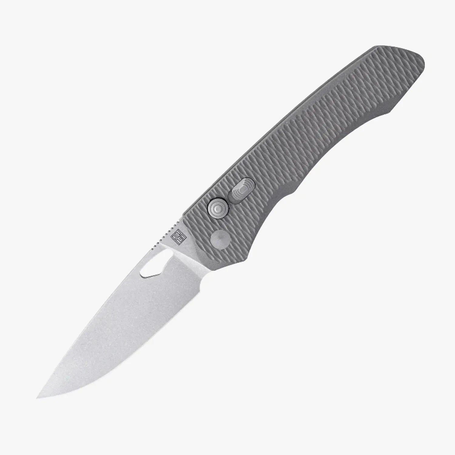 Folding knife with textured gray handle and stonewashed stainless steel blade.
