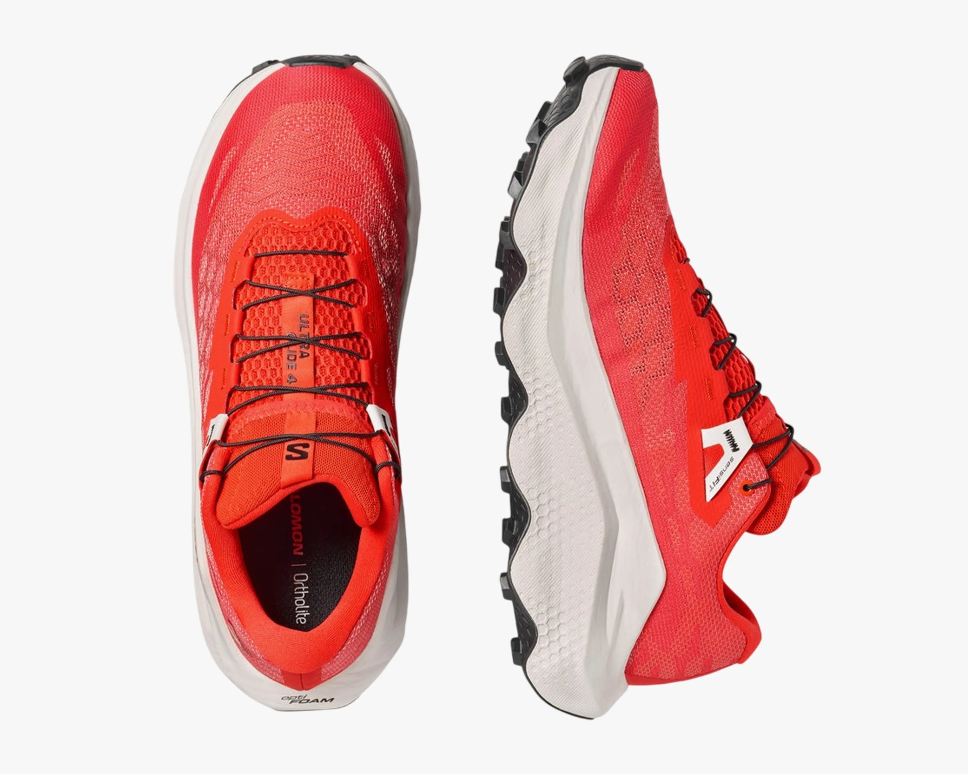 Pair of bright red trail running shoes with black laces and white cushioned soles shown from top and side views.