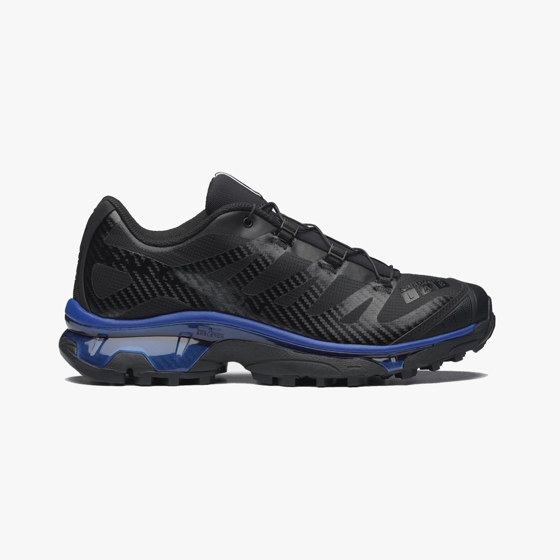 Black and dark gray trail running shoe with blue midsole and rugged outsole.
