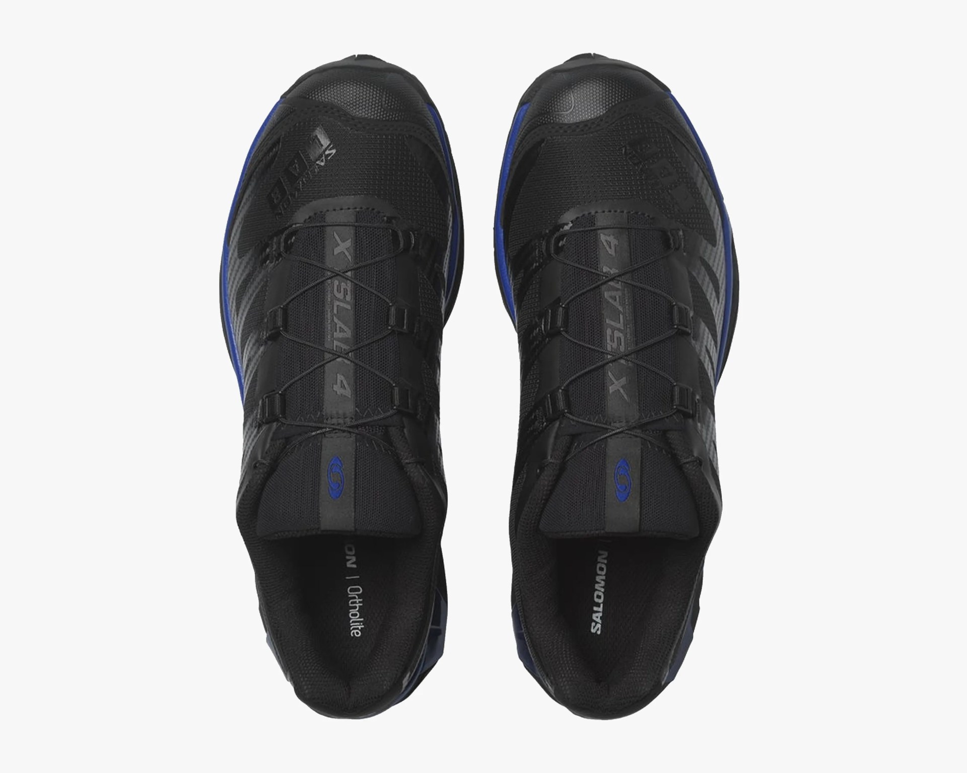 Pair of black and blue Salomon XA SL4 trail running shoes with quick-lace system viewed from above.