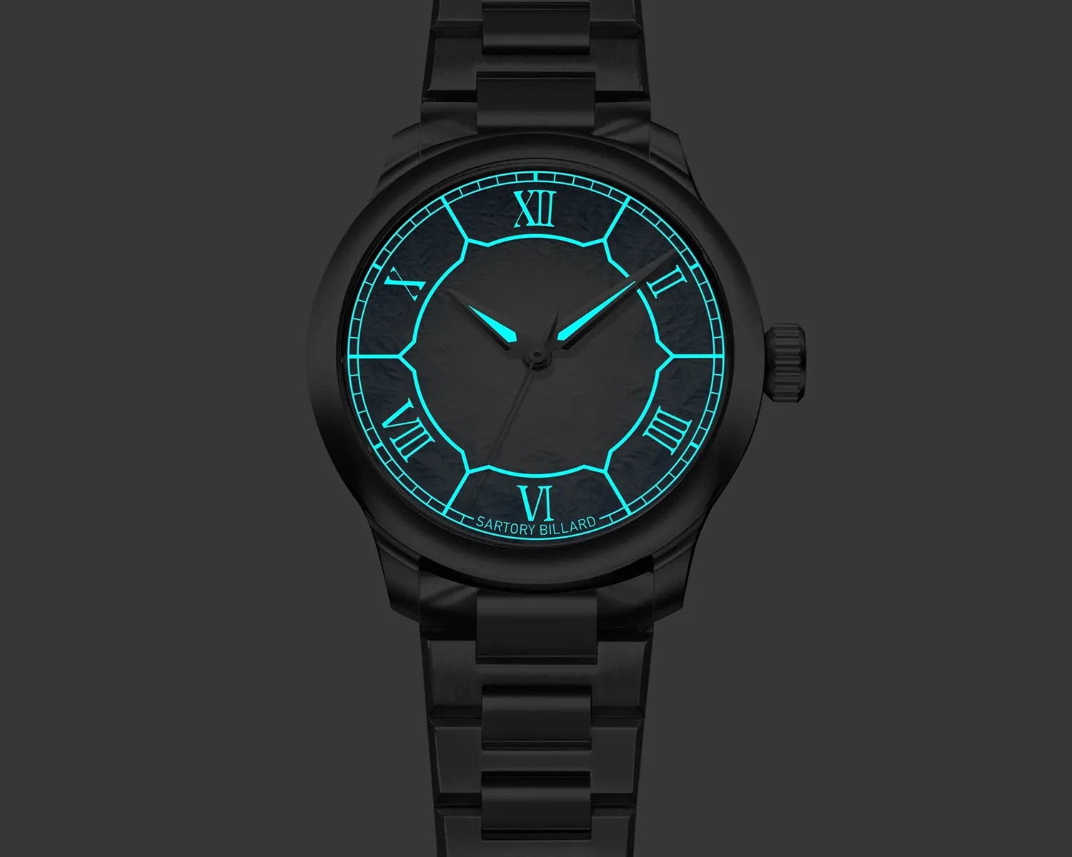 Metal wristwatch with glowing blue Roman numerals and hands on the dial.