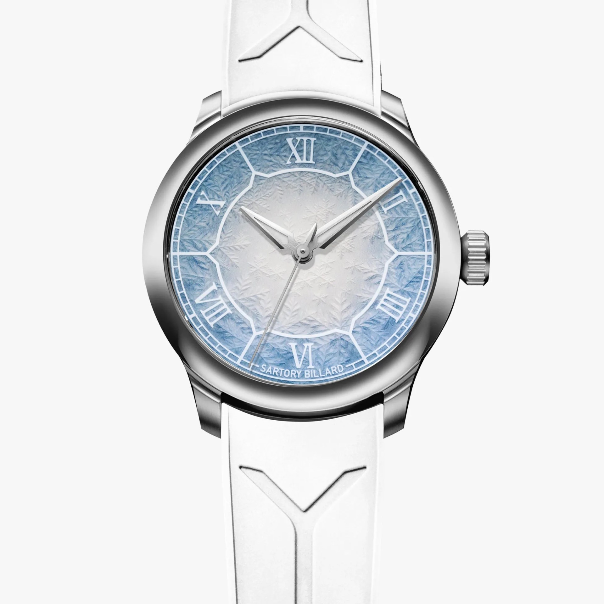 Silver wristwatch with a textured blue and white dial, Roman numerals, and a white strap embossed with a Y-shaped design.
