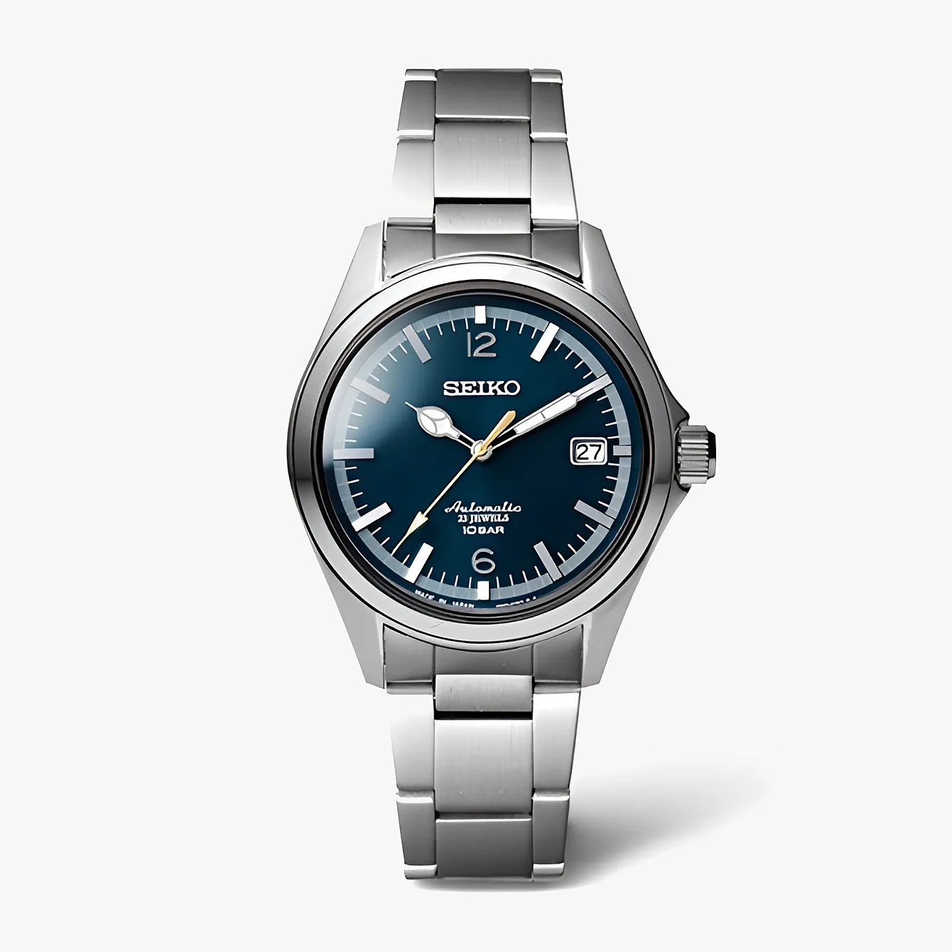 Silver stainless steel Seiko wristwatch with a blue dial, white hour markers, and date display at 3 o'clock.