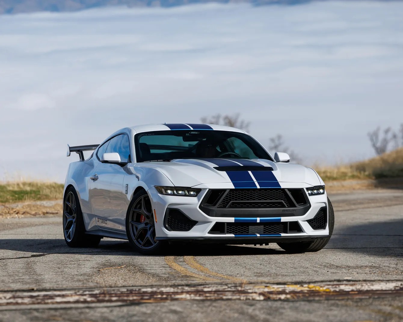 White Ford Mustang Shelby GT350 with blue racing stripes parked on a road with a rear spoiler.