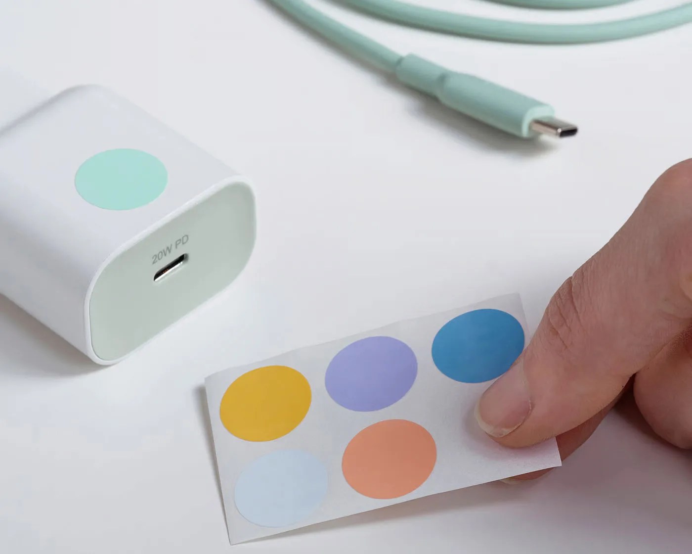 White 20W PD USB-C charger with a mint green circular sticker, a matching cable, and a hand holding a sheet of colorful round stickers.