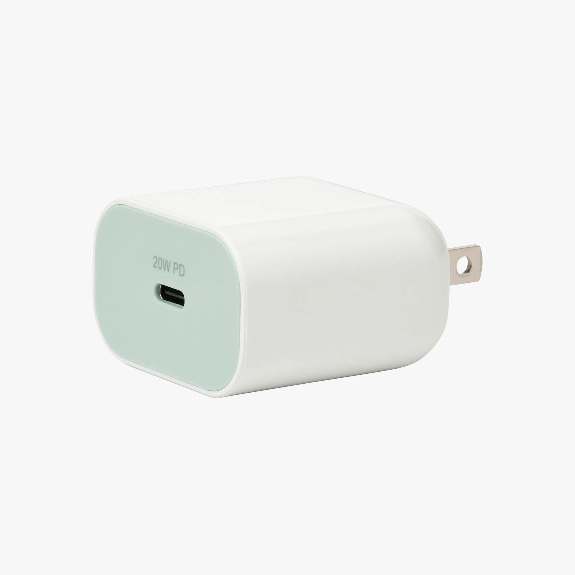 White rectangular 20W PD USB-C wall charger with rounded edges and metal prongs.