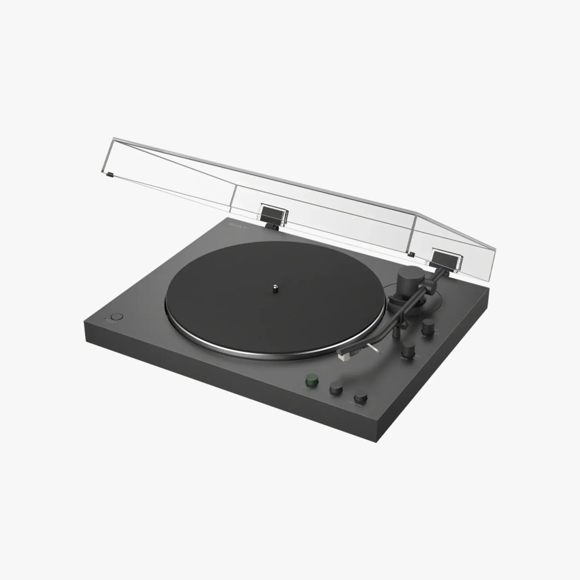 Black and gray Sony turntable with transparent dust cover open on a white background.