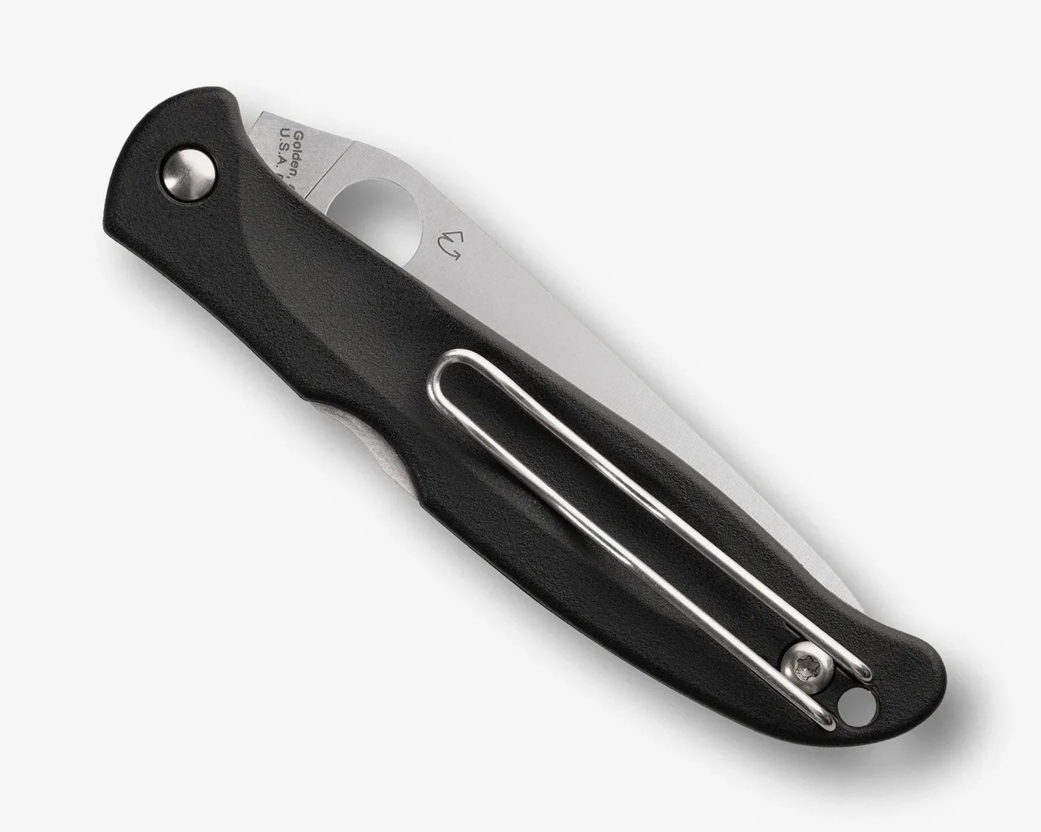 Black folding pocket knife with partially visible stainless steel blade and metal clip on handle.