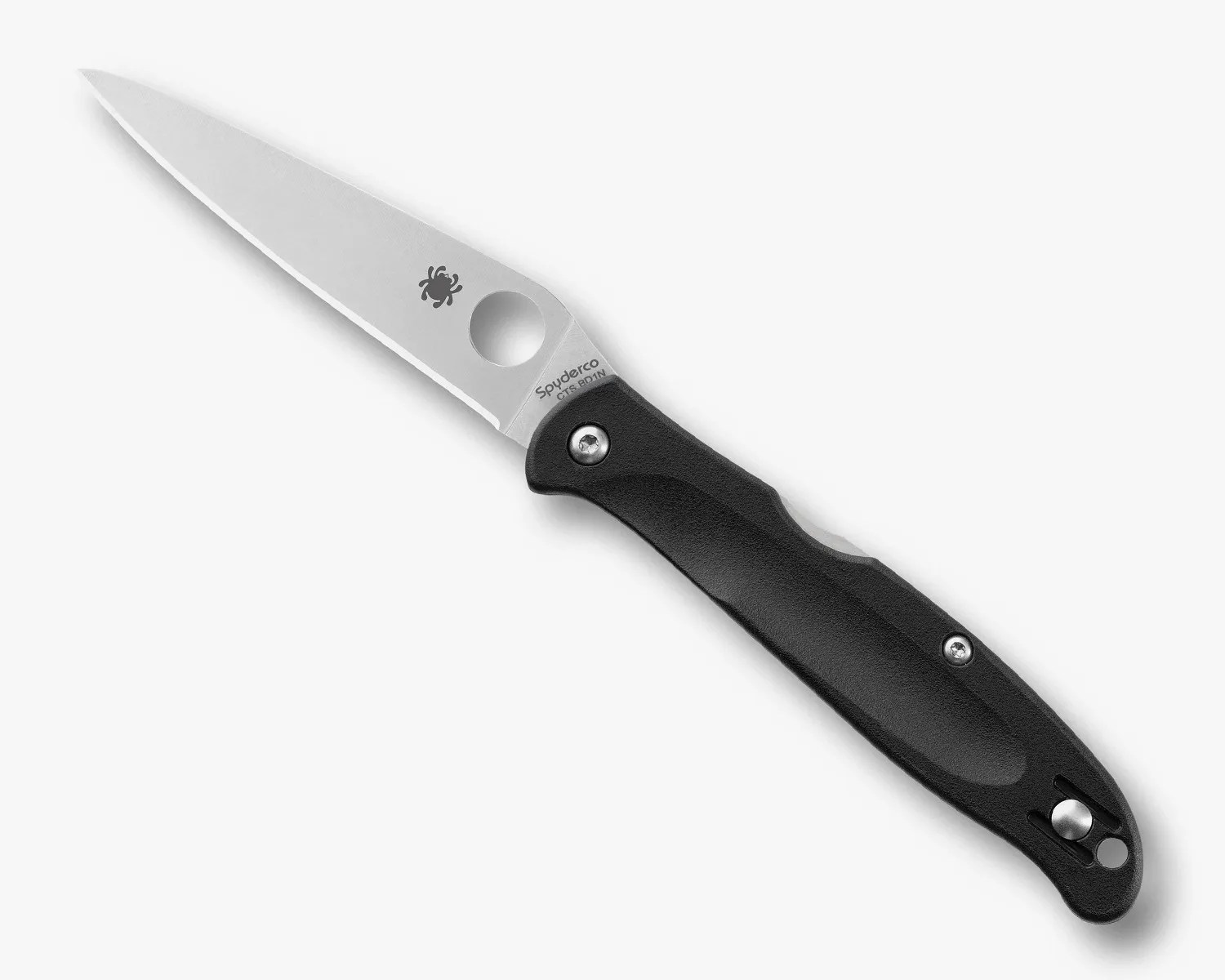Folding knife with a silver blade and black textured handle, featuring a round hole near the blade base.