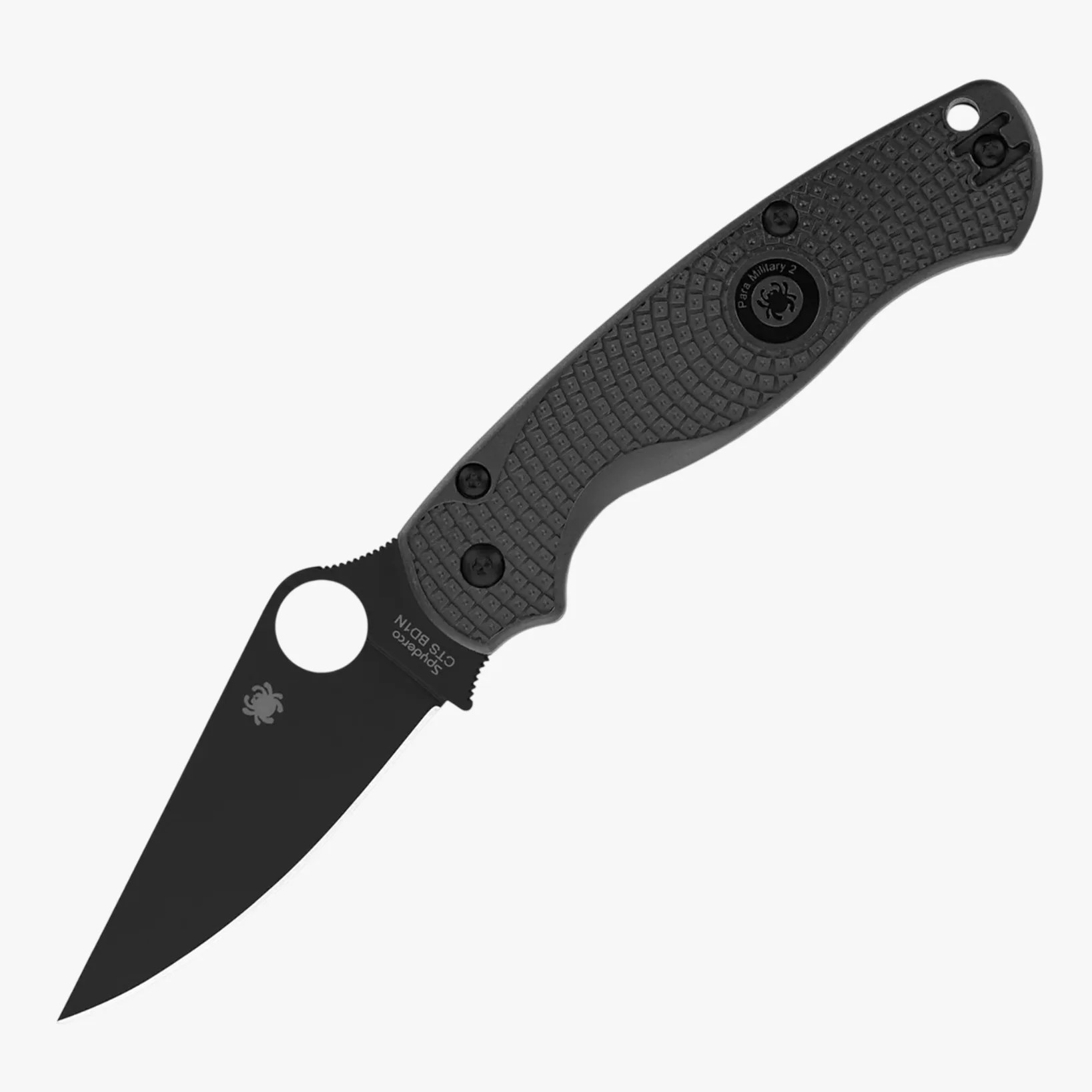 Black Spyderco Para Military 2 folding knife with textured handle and thumb hole on blade.