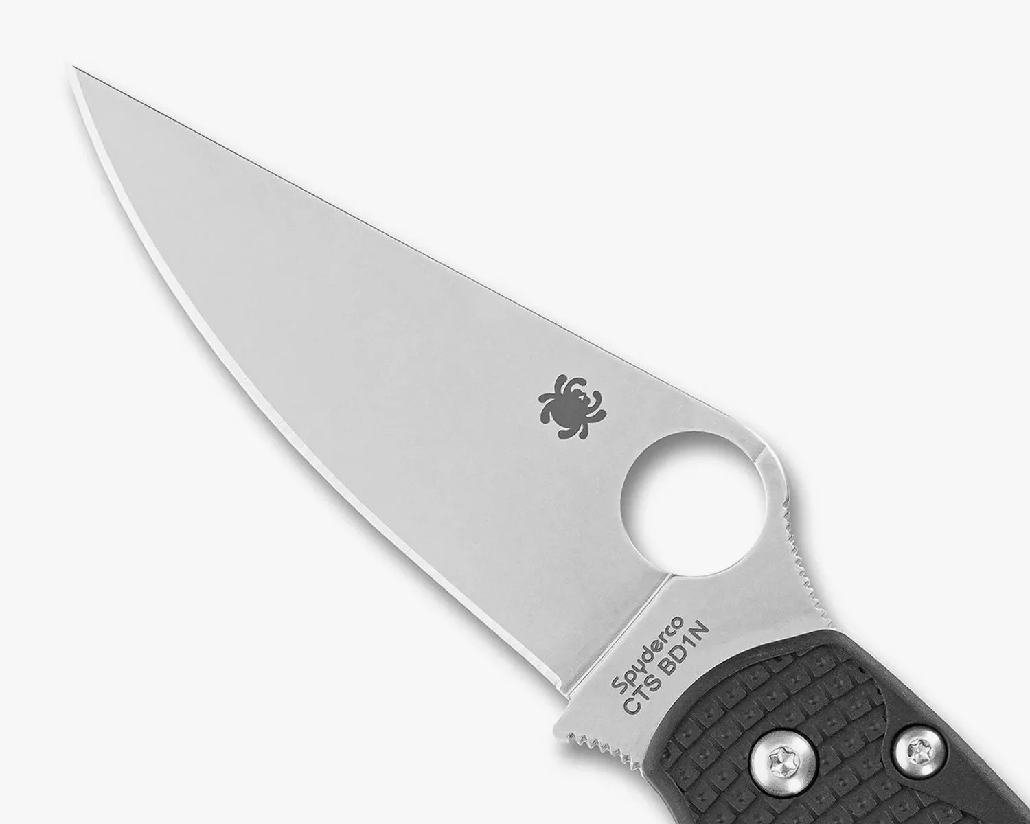 Close-up of a Spyderco CTS BD1N stainless steel knife blade with a round thumb hole and textured black handle.
