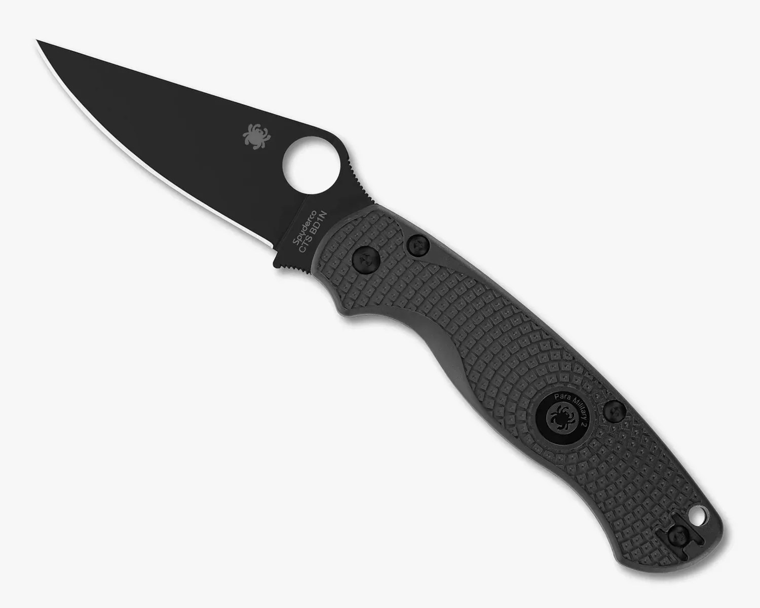 Black folding knife with textured handle and partially serrated blade, featuring a circular thumb hole near the base.