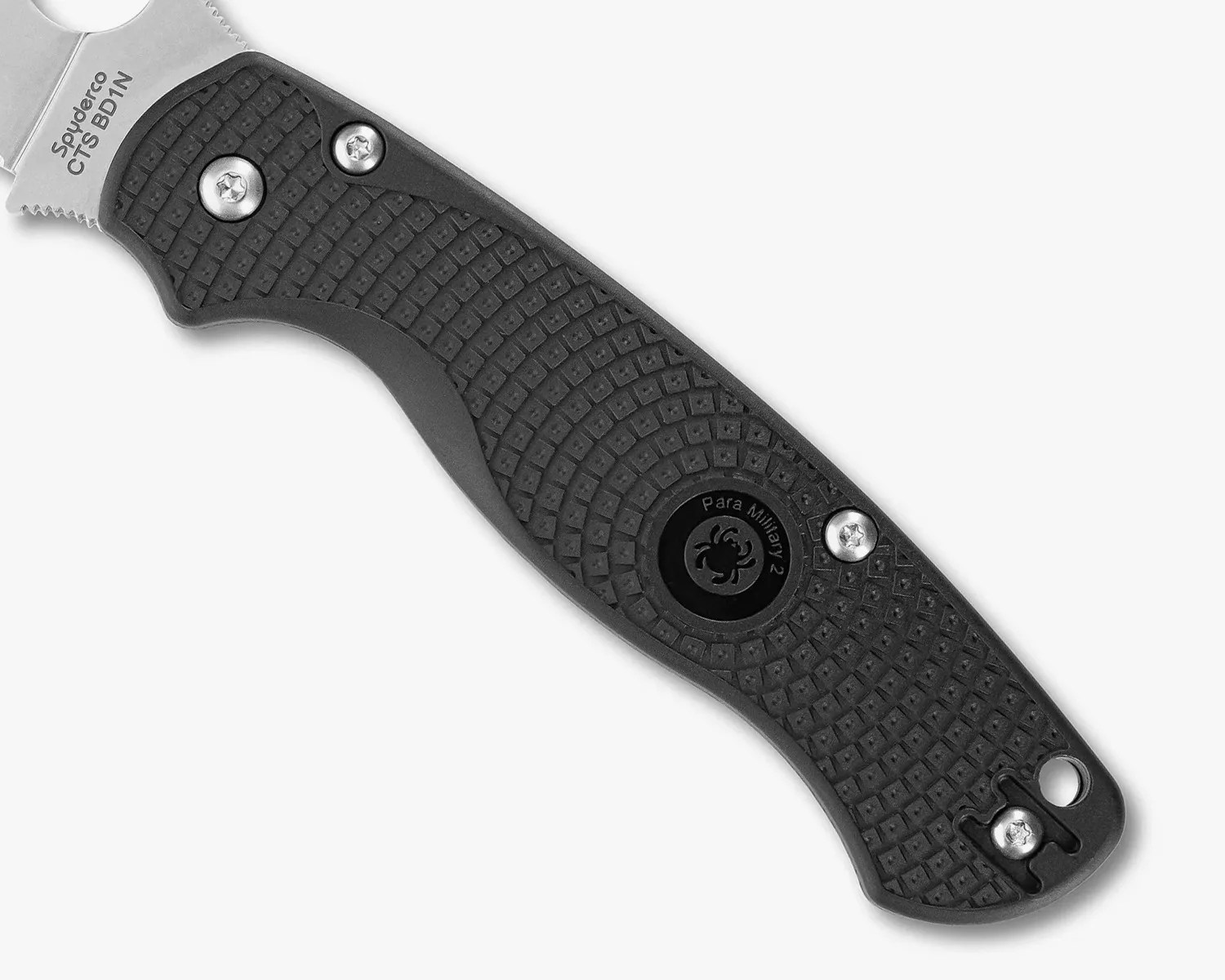 Black textured handle of a Spyderco Para Military 2 folding knife with visible screws and a lanyard hole.