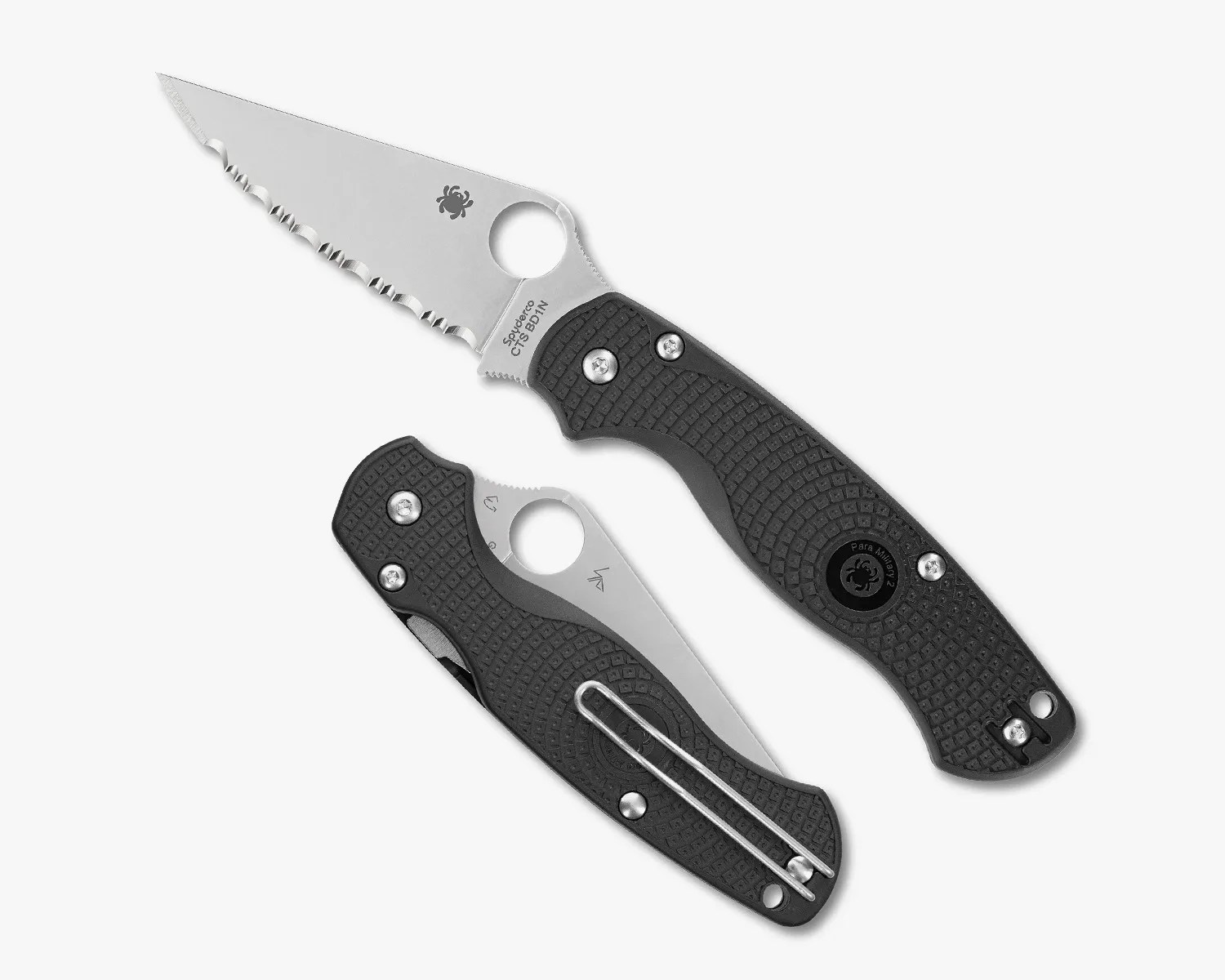 Two black-handled folding knives, one open with a partially serrated blade and the other closed with a metal pocket clip.