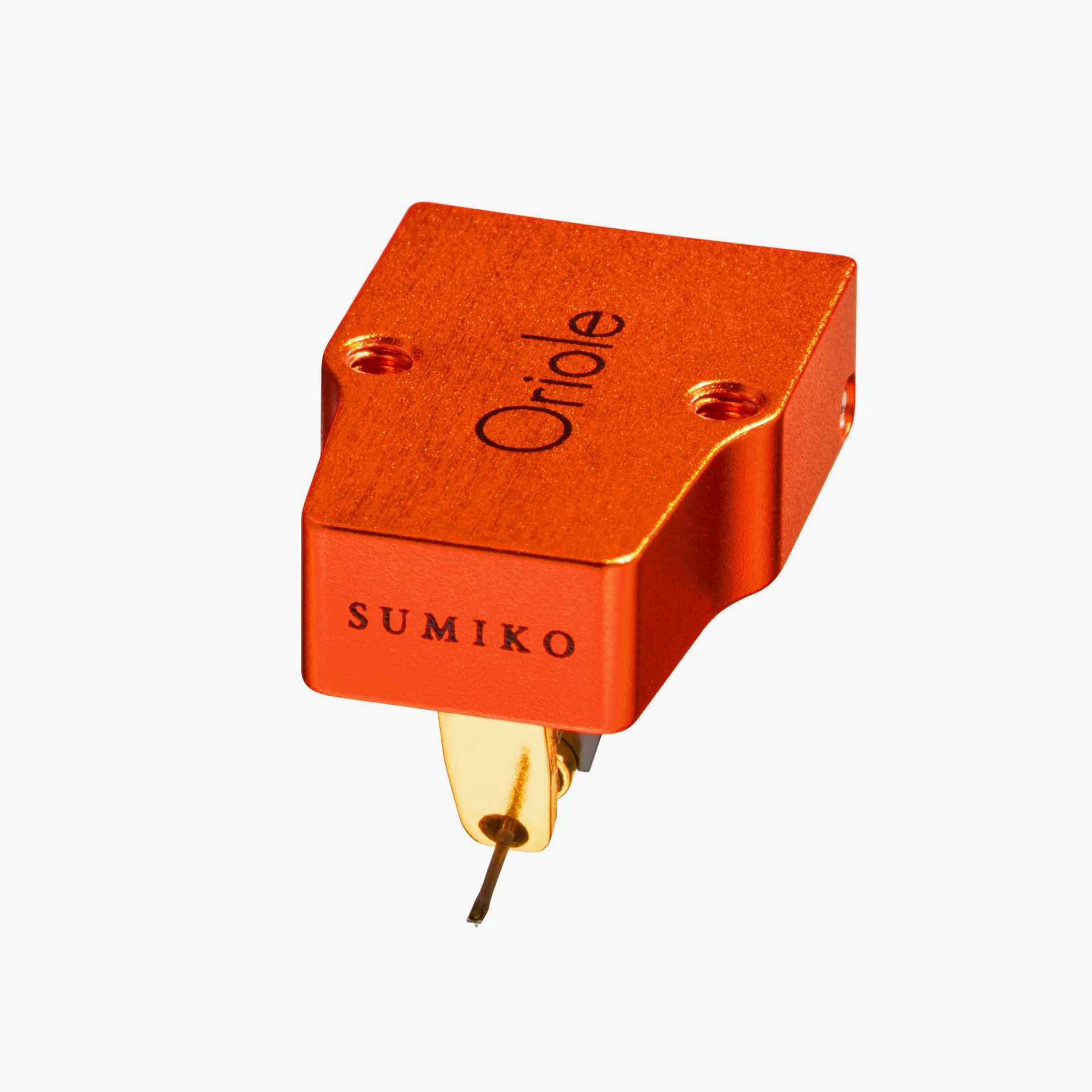 Orange Sumiko Oriole phono cartridge with gold-tone stylus on a white background.
