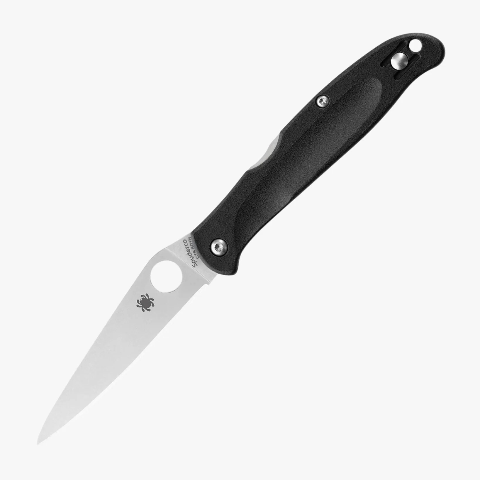 Folding knife with a black textured handle and a stainless steel blade featuring a round hole near the base.