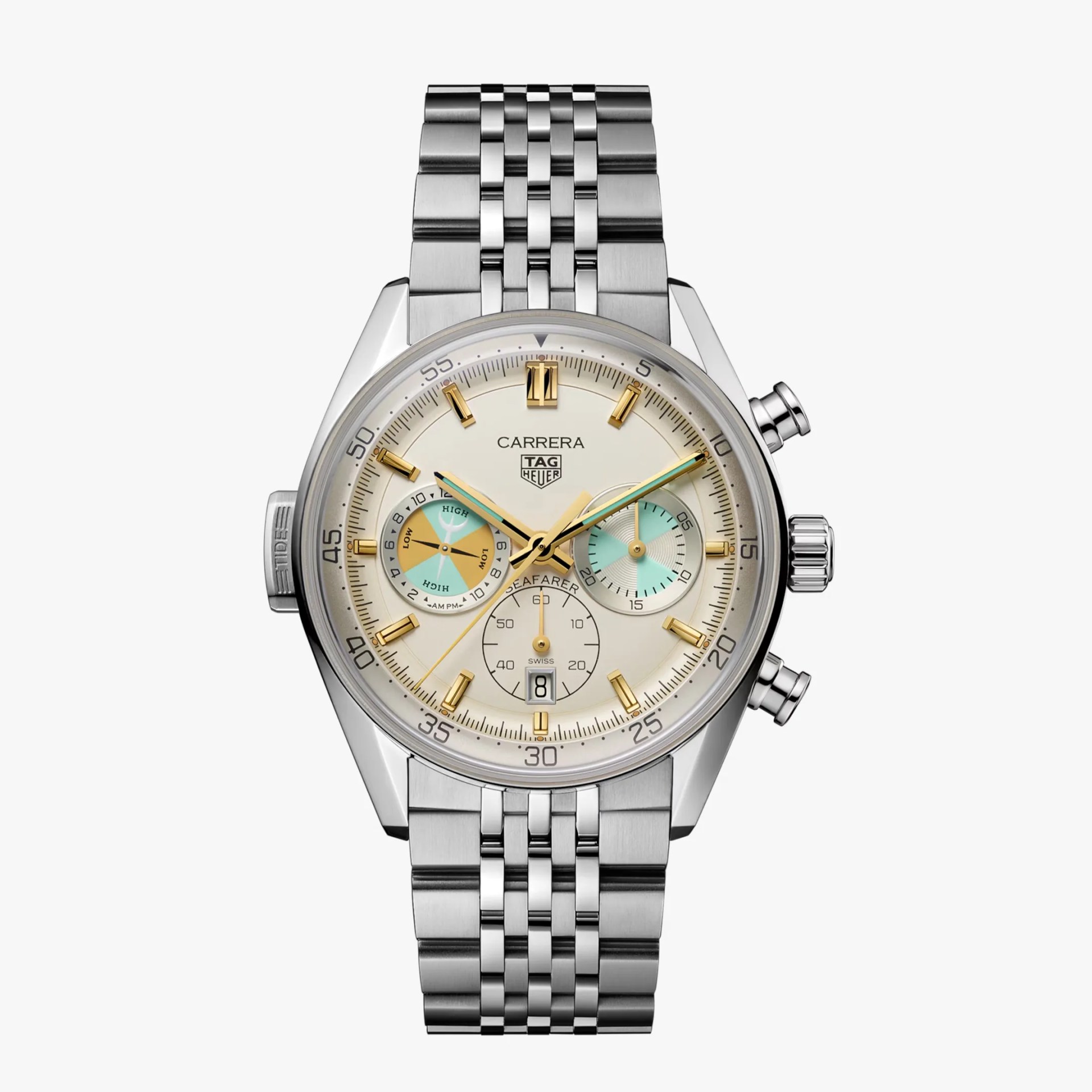 Silver TAG Heuer Carrera Seafarer chronograph watch with cream dial, gold-tone markers, and multi-link metal bracelet.