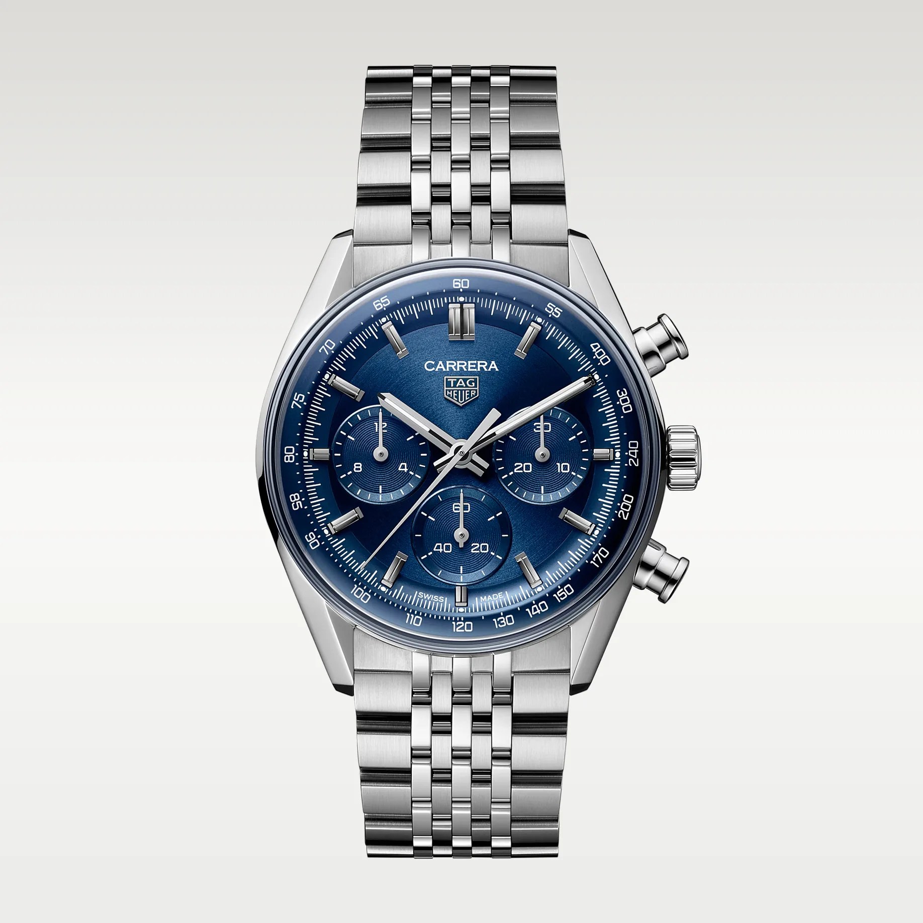 Silver stainless steel TAG Heuer Carrera chronograph watch with a blue dial and metal bracelet.