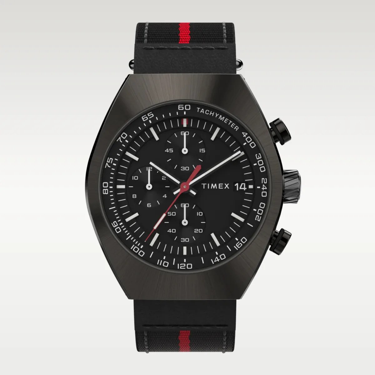 Black Timex chronograph watch with tachymeter bezel and black strap featuring a red stripe.
