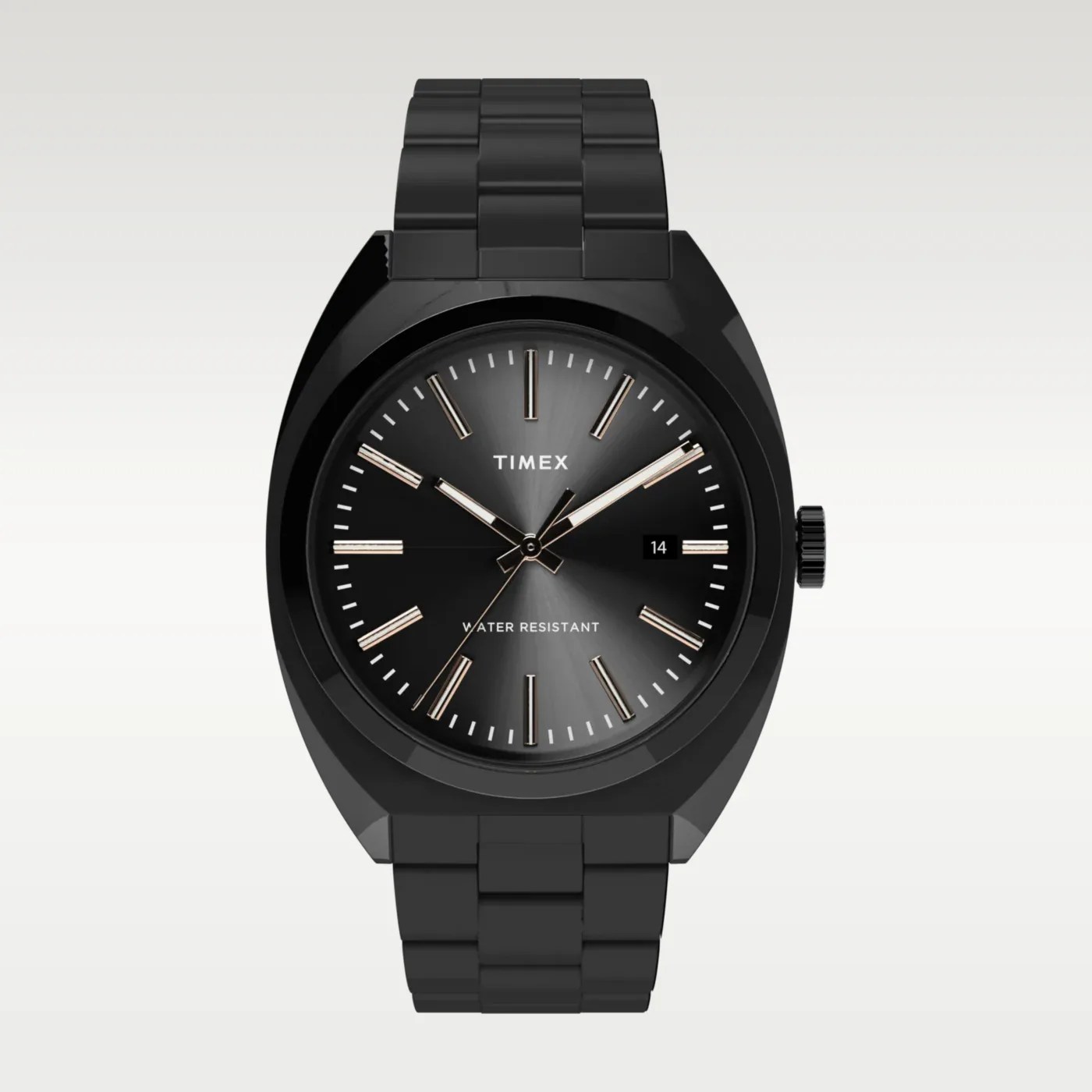 Black Timex wristwatch with metal link band, black sunburst dial, silver hour markers, and date display at 3 o'clock.