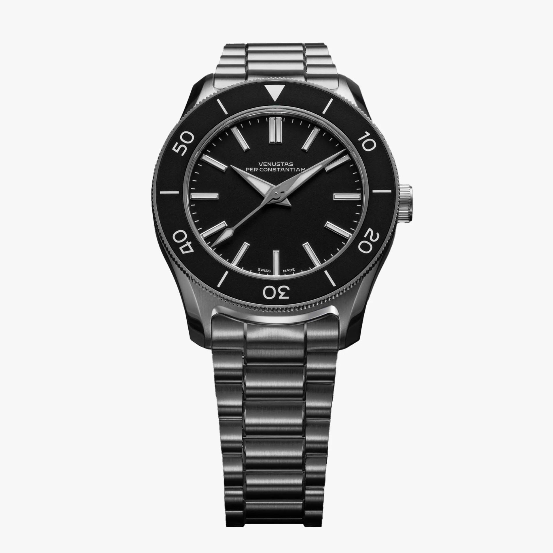 Stainless steel wristwatch with black dial, silver hour markers, and rotating bezel.