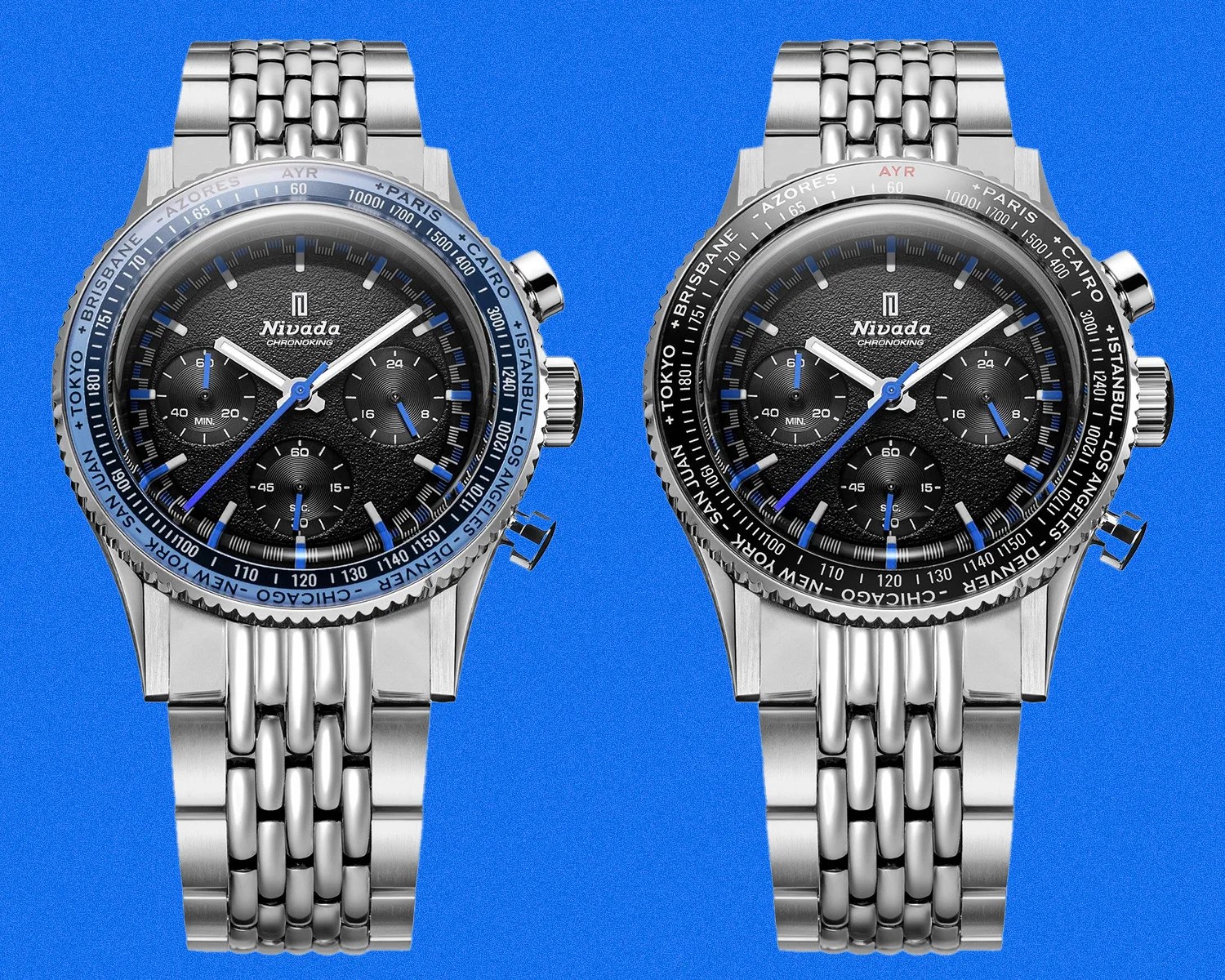 Two Nivada Chronoking stainless steel wristwatches with black textured dials, blue and white hands, and world time bezels—one bezel in blue, the other in black.
