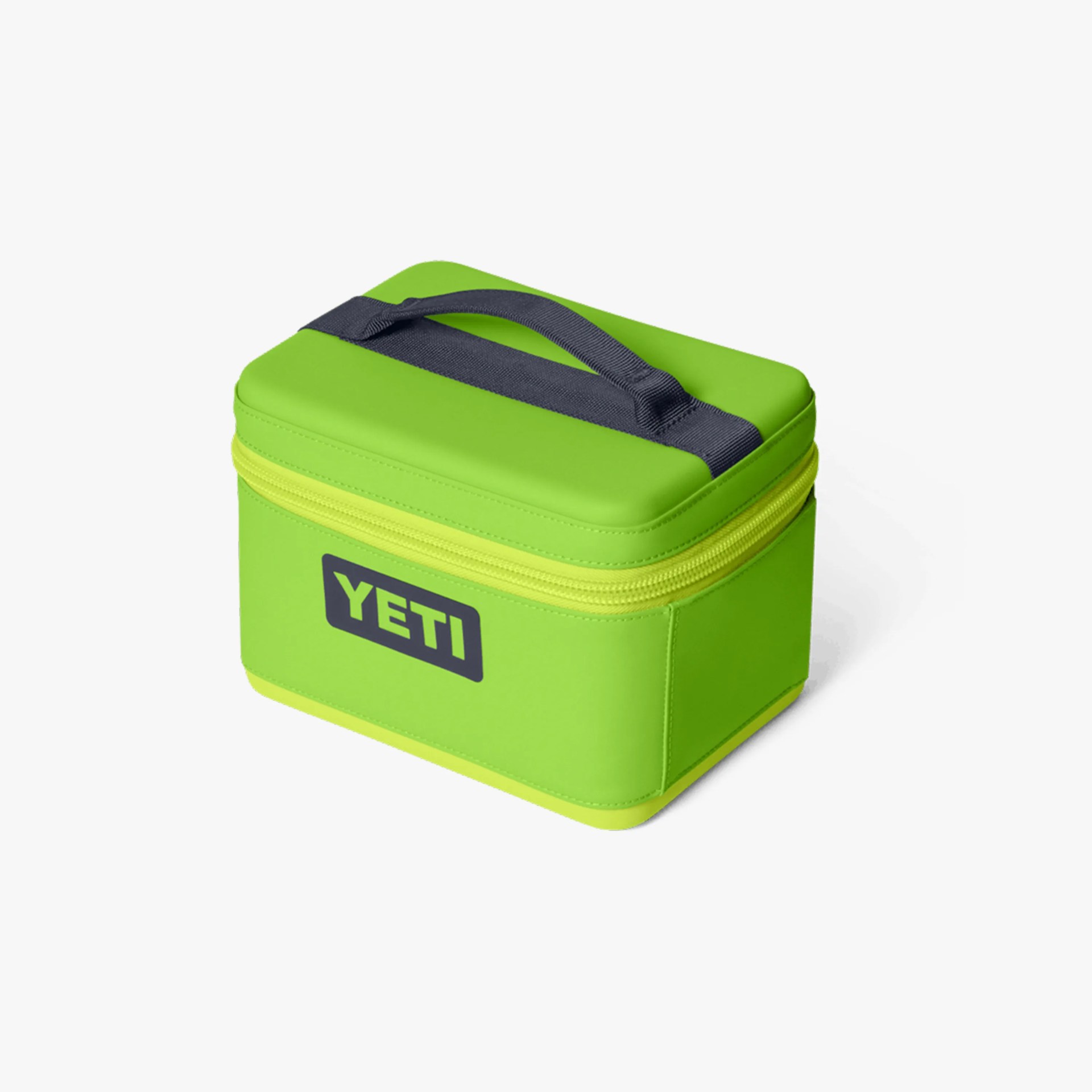 Bright green YETI soft cooler bag with black handle and yellow zipper on a white background.