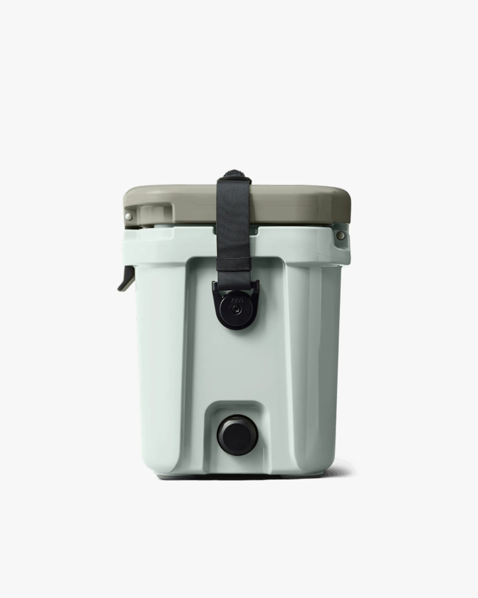 Light gray hard cooler with a beige lid and black latch strap on a white background.
