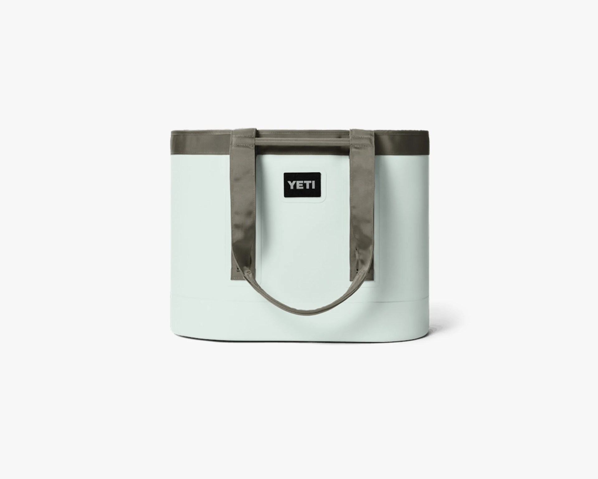 Light gray YETI soft cooler bag with dark gray handles and trim on a white background.