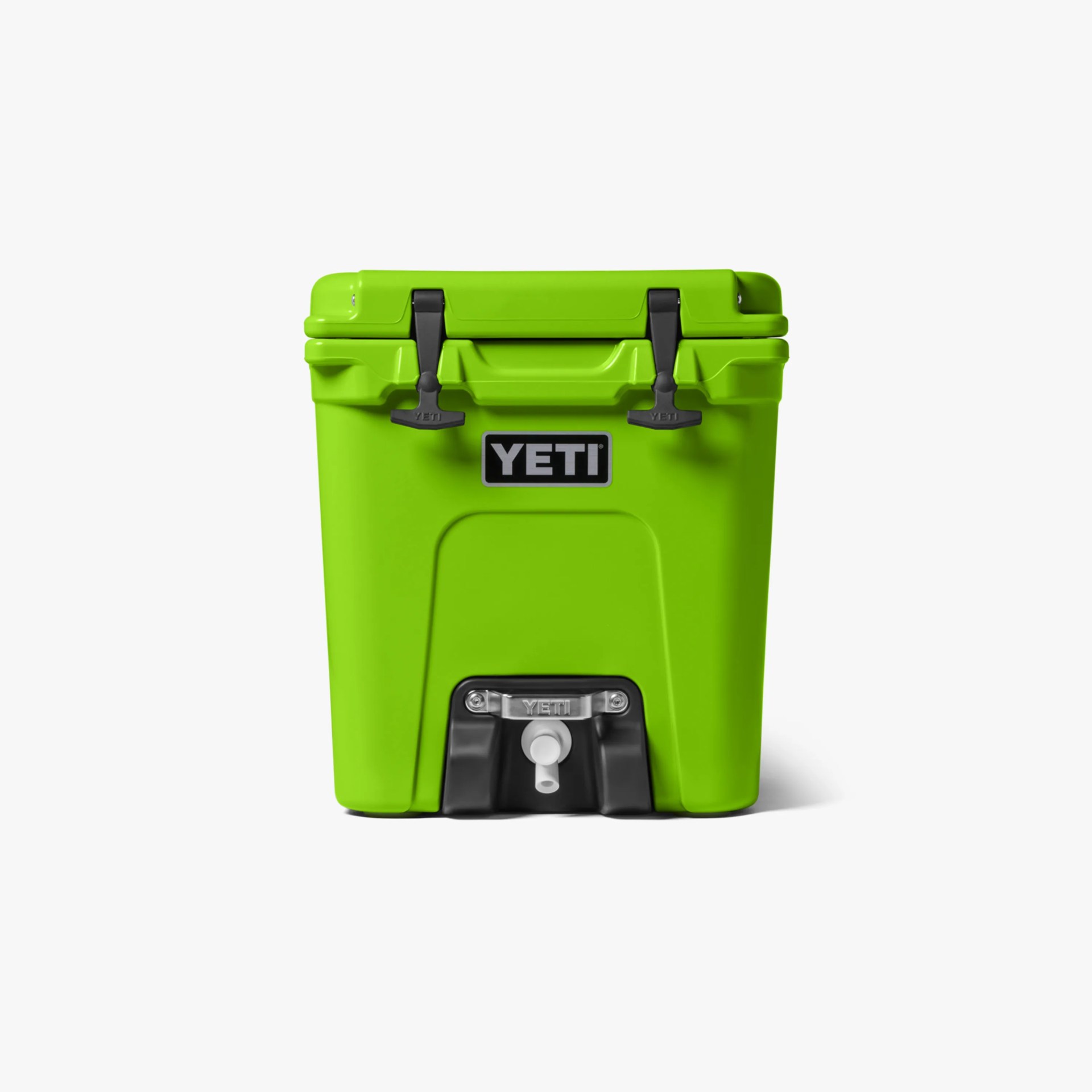 Bright green YETI cooler with black latches and a white spout on a white background.
