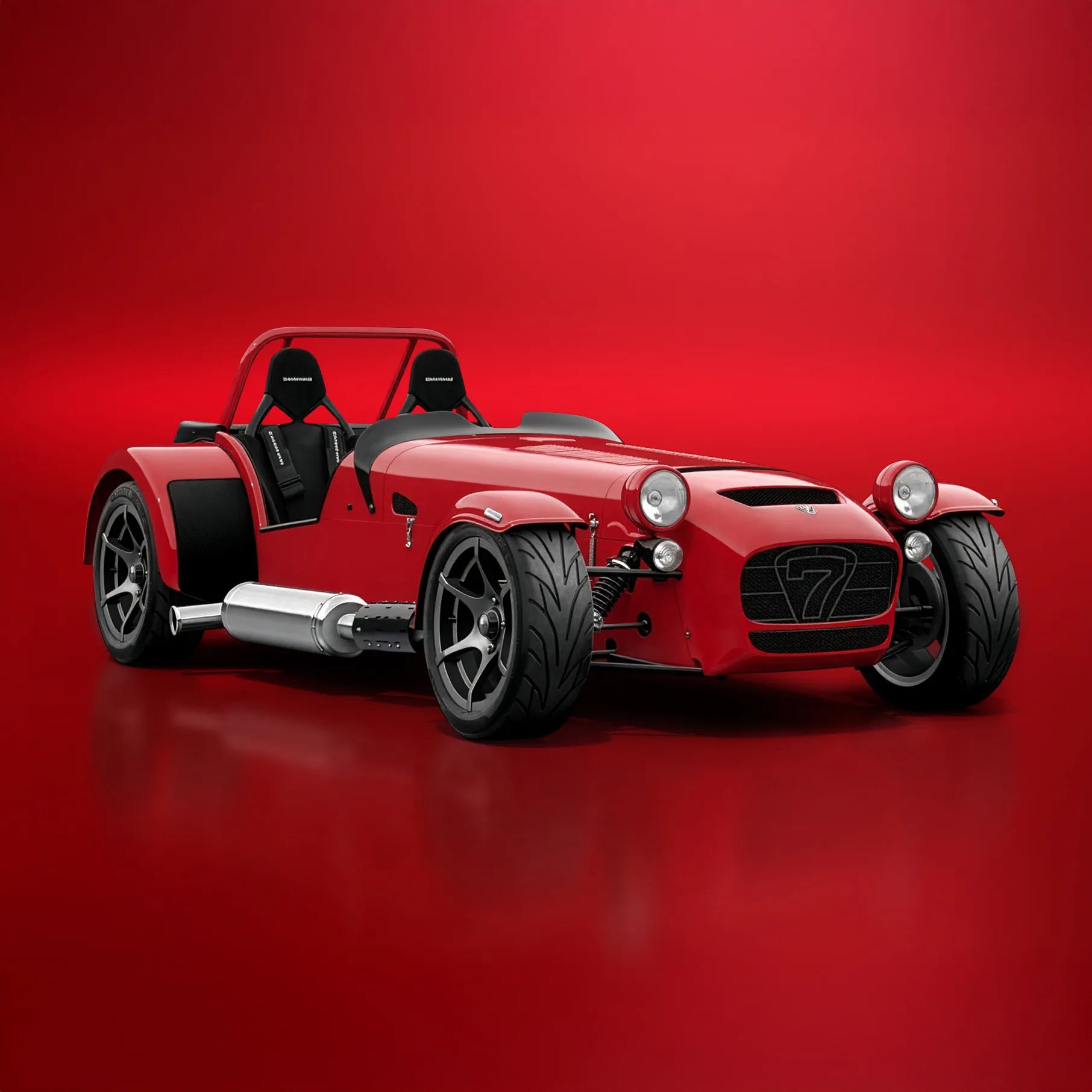 Red open-top sports car with black racing seats and large front tires on a red reflective surface.